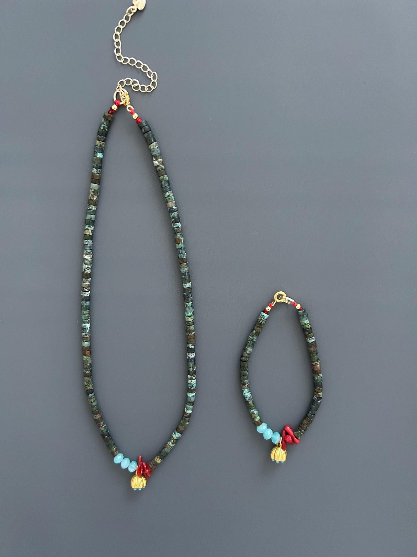 Turquoise Red Coral Choker Bracelet Set, Gold Plated Boho Jewelry, Luxury Gift Her