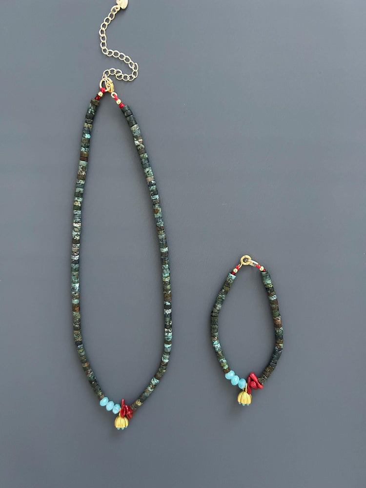 Turquoise Red Coral Choker Bracelet Set, Gold Plated Boho Jewelry, Luxury Gift Her