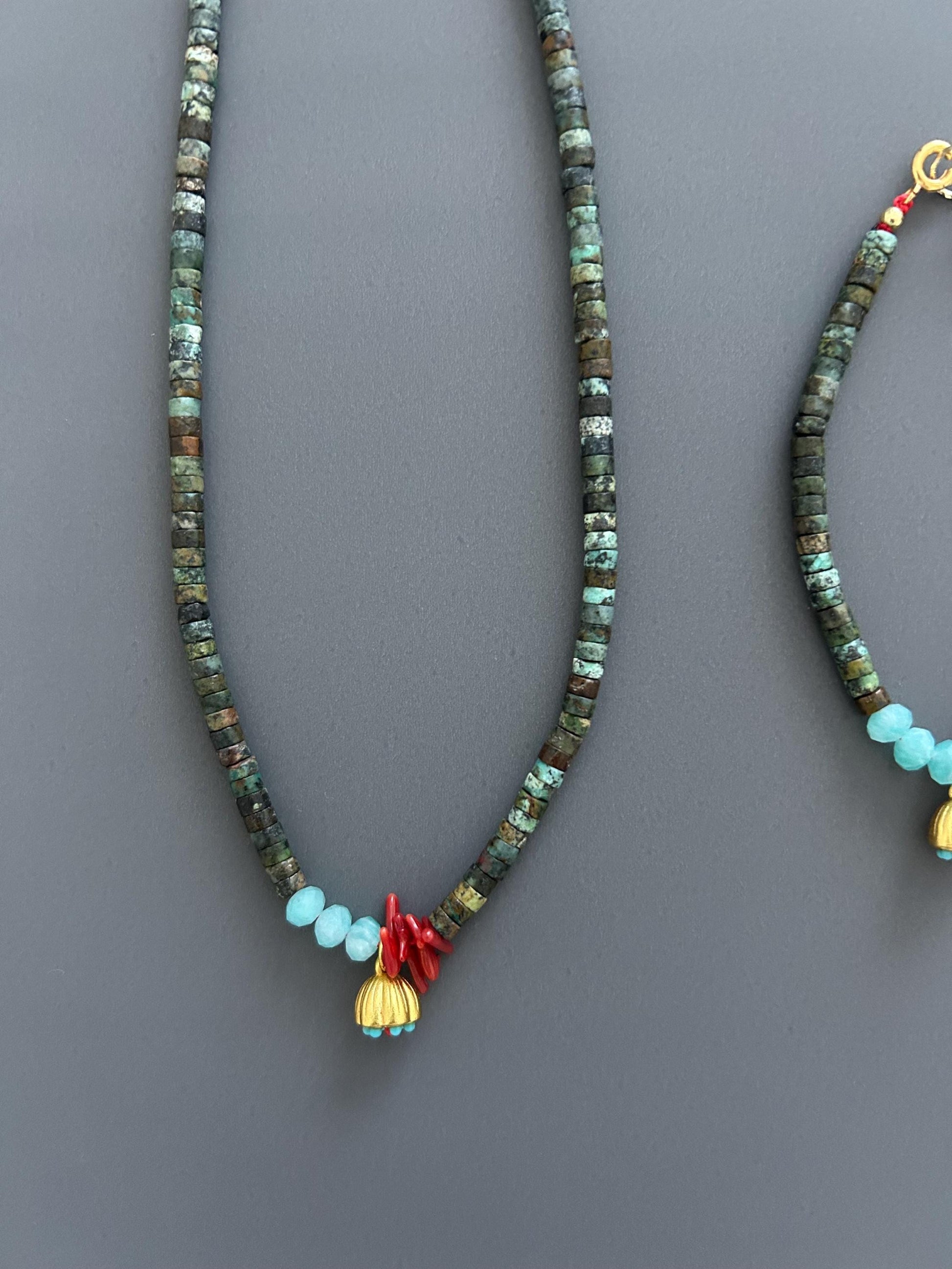 Turquoise Red Coral Choker Bracelet Set, Gold Plated Boho Jewelry, Luxury Gift Her