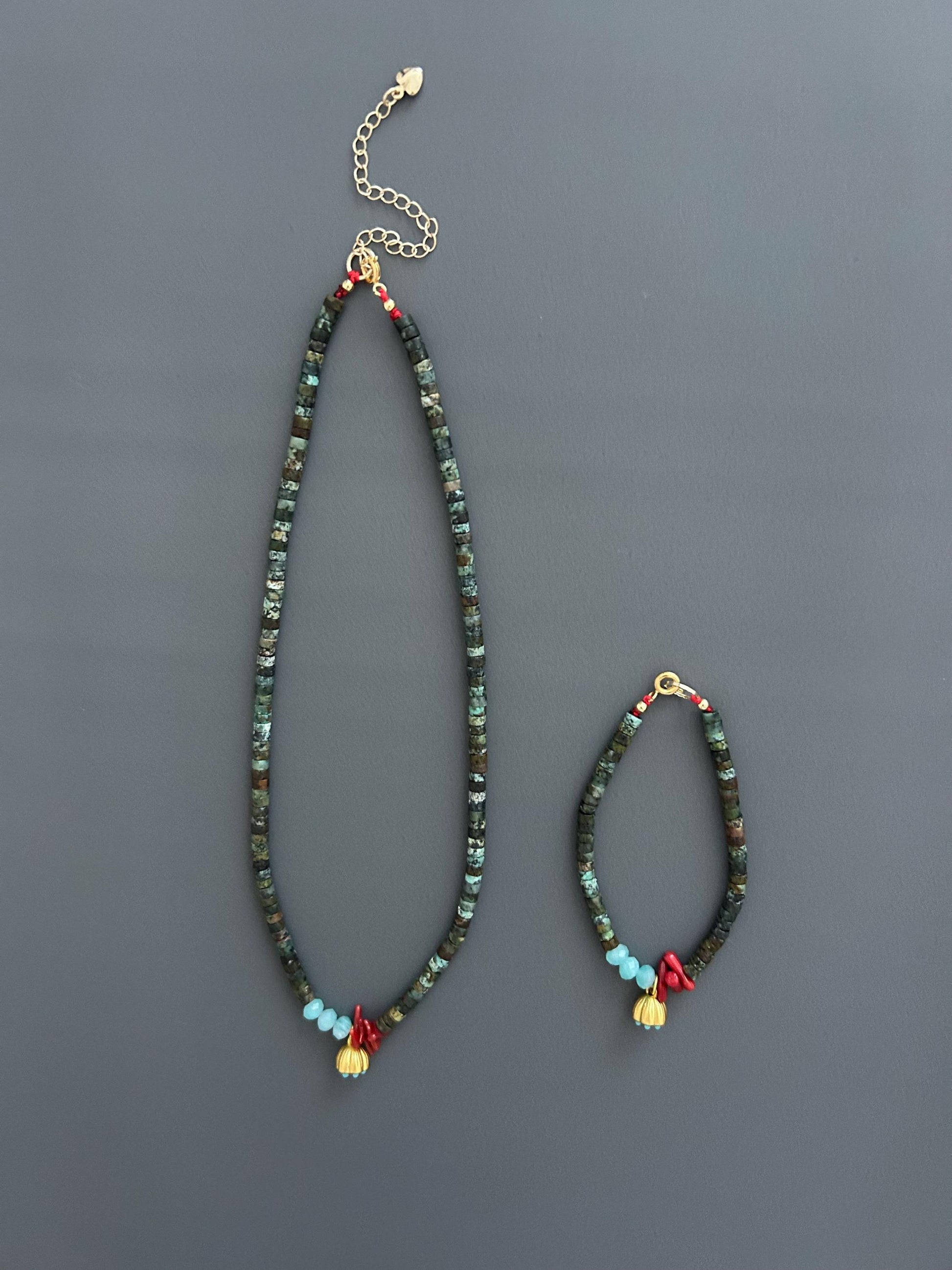Turquoise Red Coral Choker Bracelet Set, Gold Plated Boho Jewelry, Luxury Gift Her