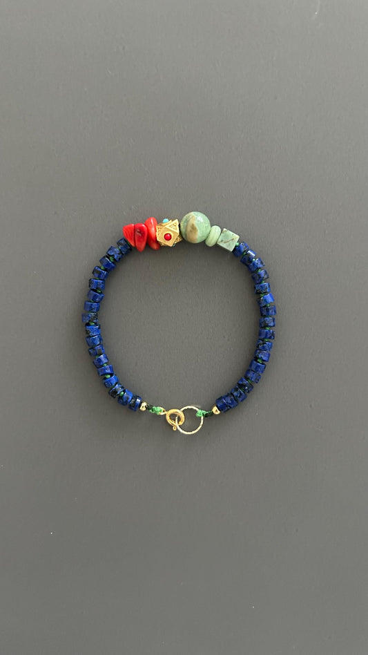Boho Lapis Lazuli Bracelet: Turquoise & Red Coral, Hippie Chic Jewelry