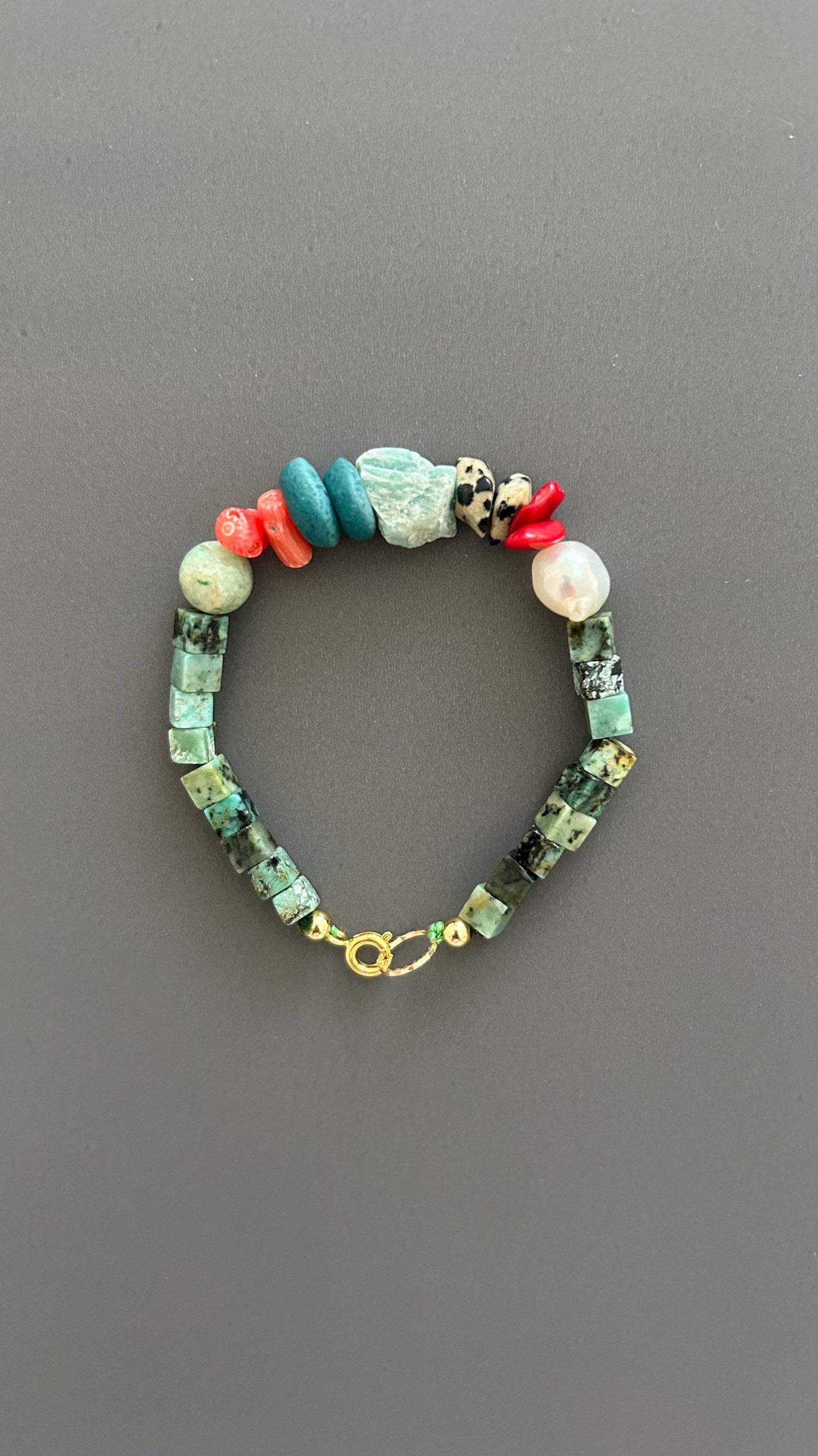 Turquoise & Natural Stone Bracelet: 24k Gold Clasp, Boho Gemstone Jewelry