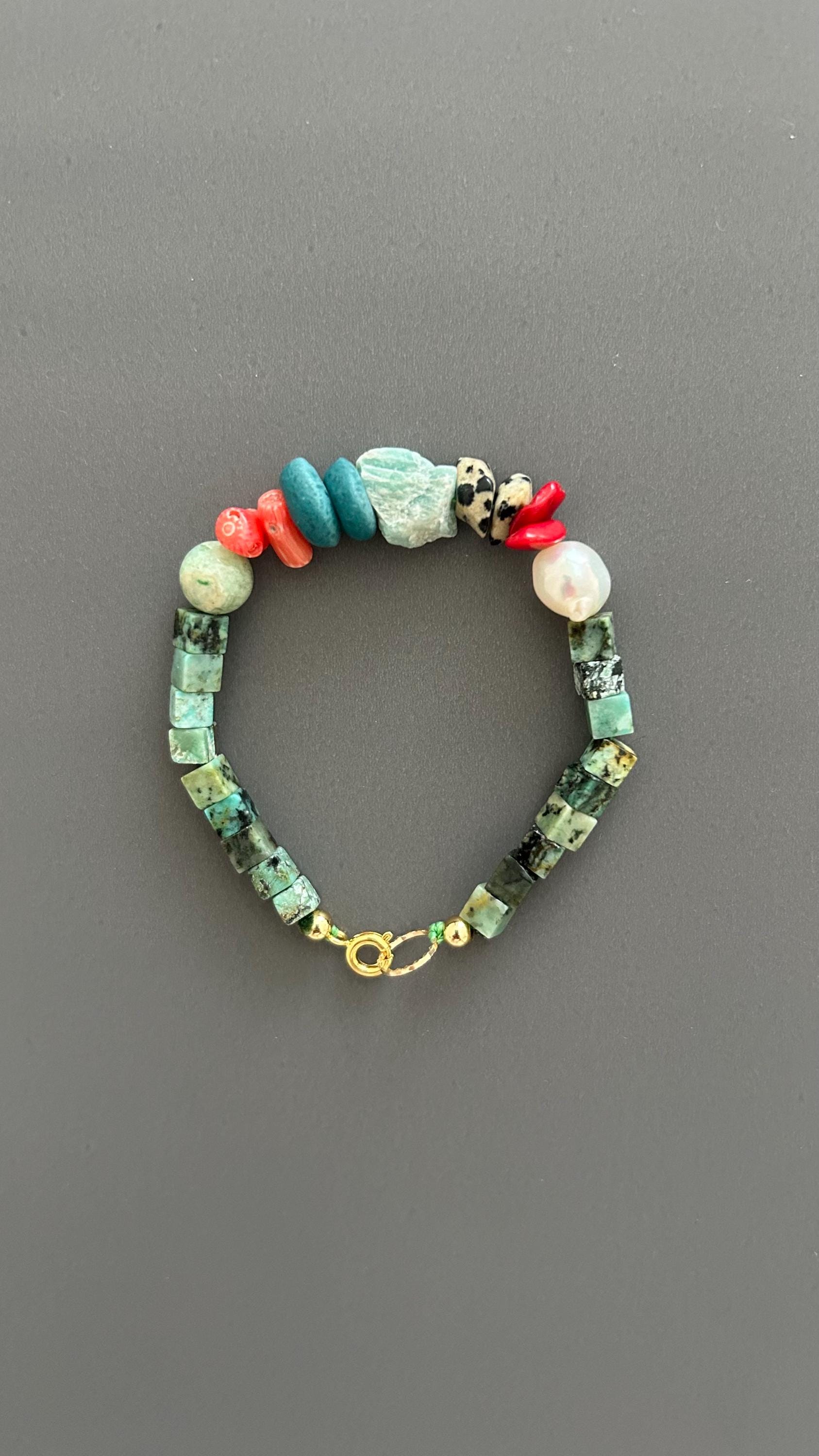 Turquoise & Natural Stone Bracelet: 24k Gold Clasp, Boho Gemstone Jewelry