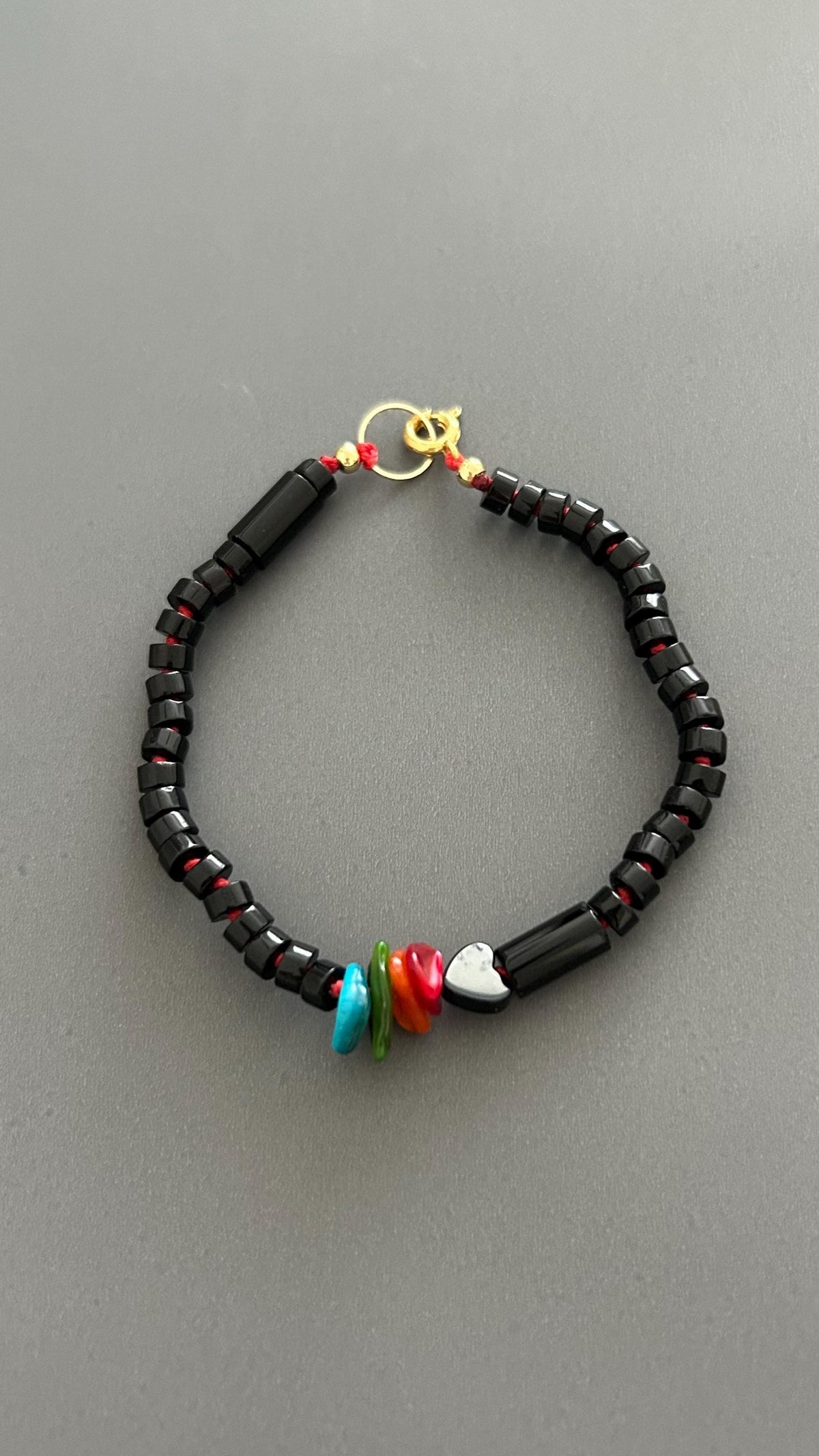 Black Agate Grounding Bracelet | Heart Charm Adjustable Stackable | Dark Academia Protection Jewelry