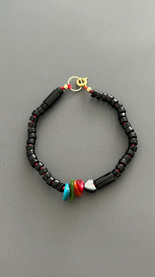 Black Agate Grounding Bracelet | Heart Charm Adjustable Stackable | Dark Academia Protection Jewelry