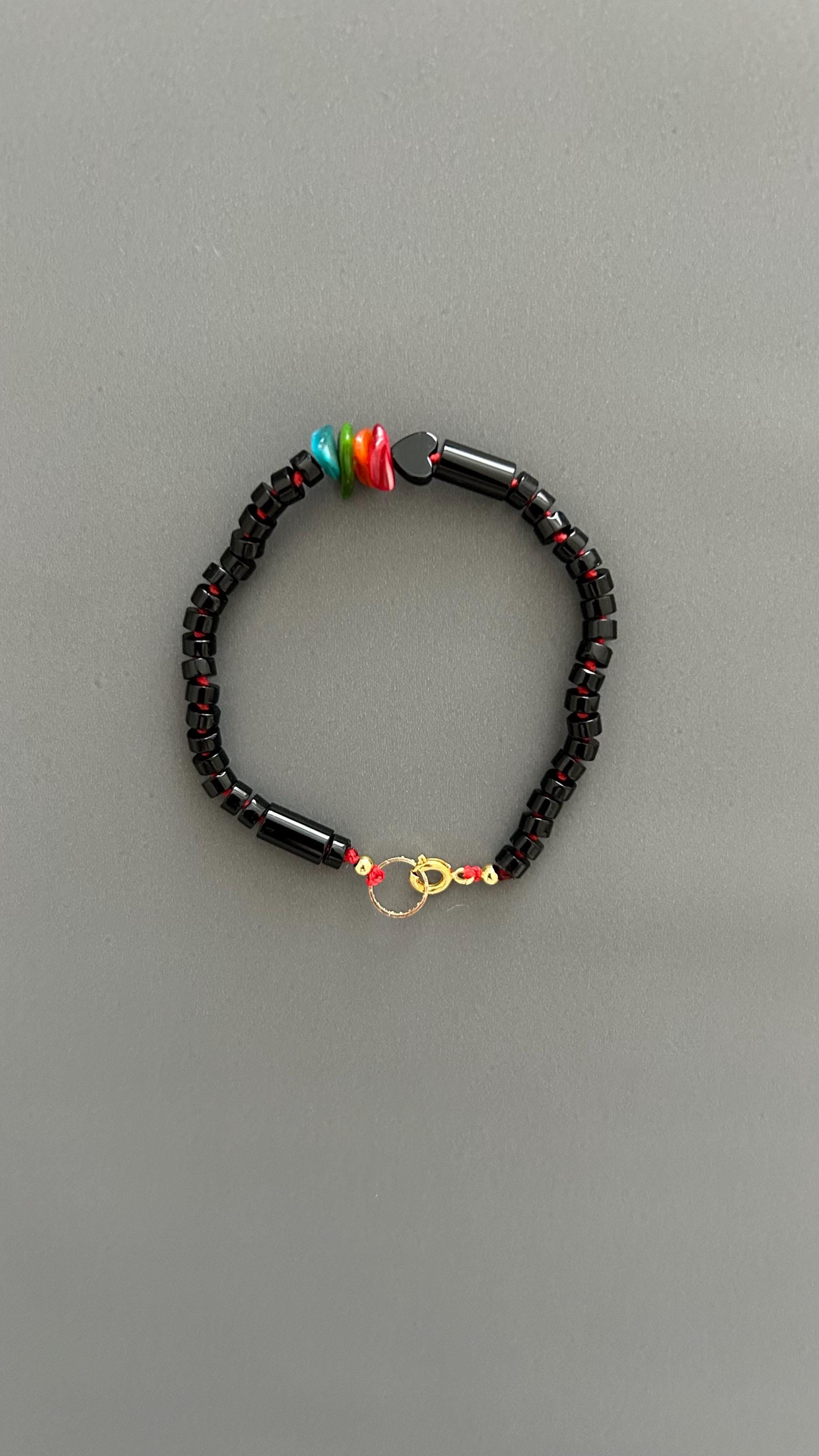 Black Agate Grounding Bracelet | Heart Charm Adjustable Stackable | Dark Academia Protection Jewelry