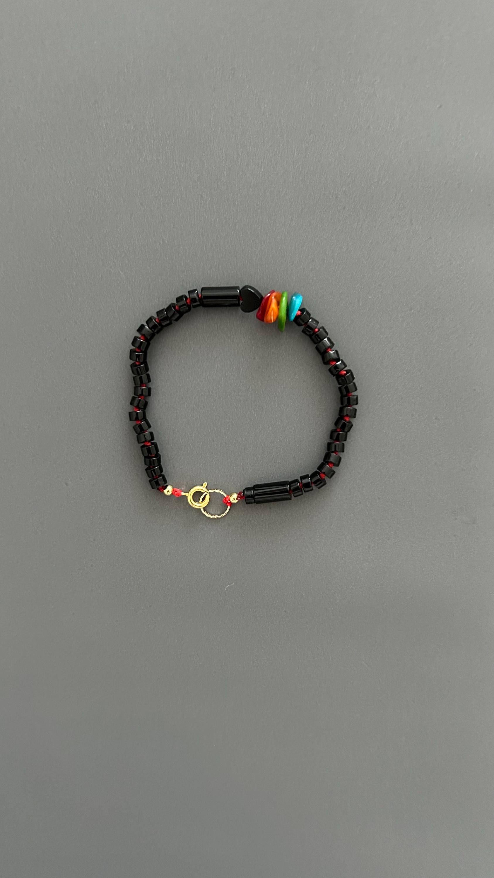 Black Agate Grounding Bracelet | Heart Charm Adjustable Stackable | Dark Academia Protection Jewelry