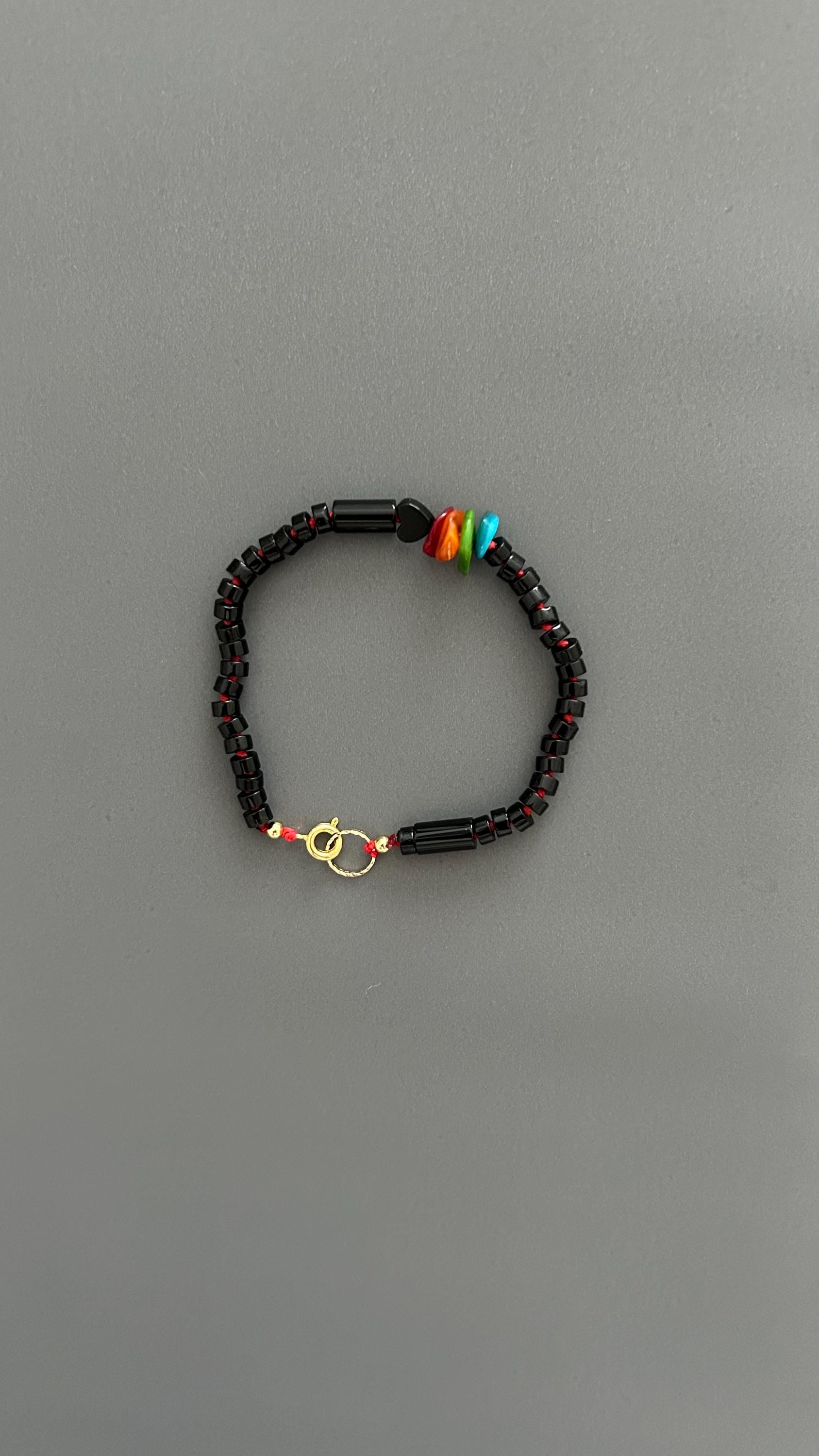Black Agate Grounding Bracelet | Heart Charm Adjustable Stackable | Dark Academia Protection Jewelry