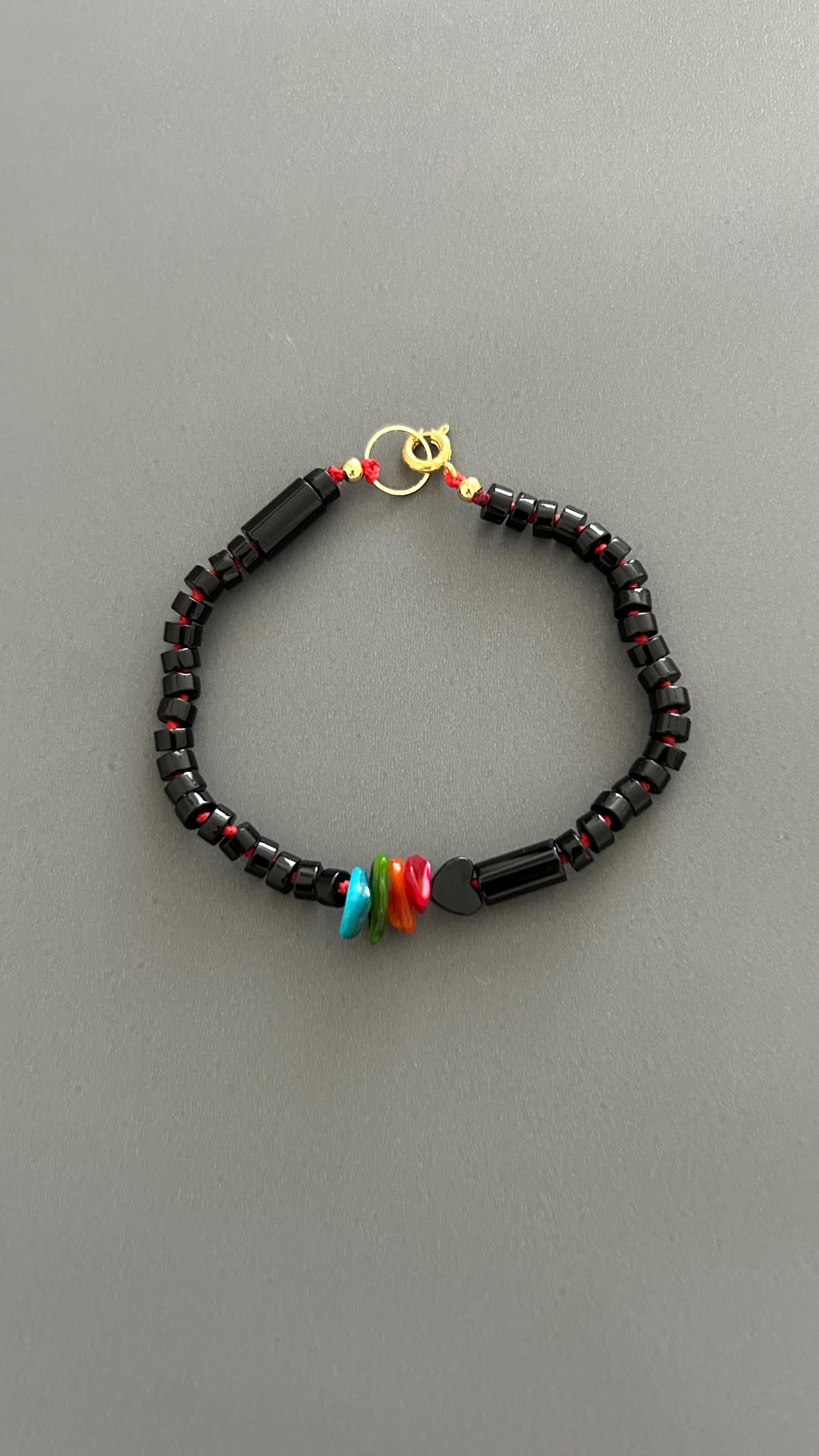 Black Agate Grounding Bracelet | Heart Charm Adjustable Stackable | Dark Academia Protection Jewelry