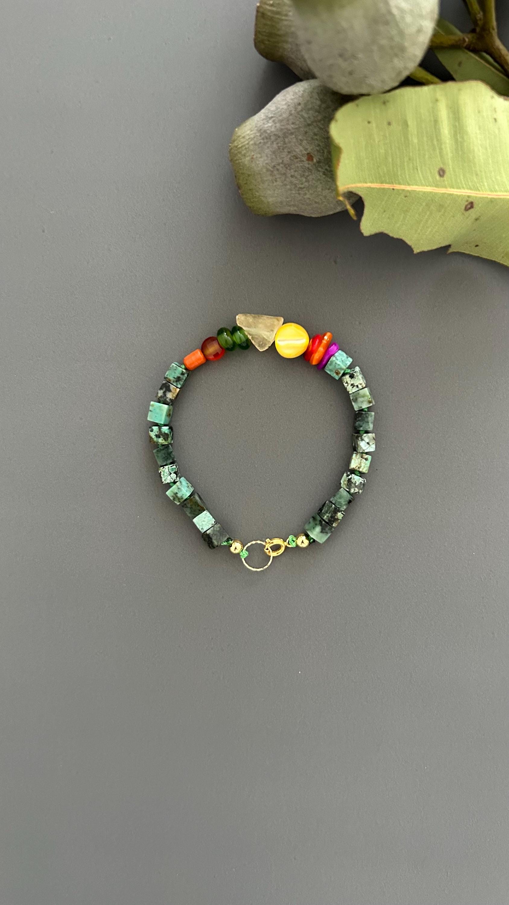Turquoise & Raw Quartz Bracelet - Healing Crystal Adjustable Gemstone Bead with Shell Coral Handmade Spiritual Jewelry
