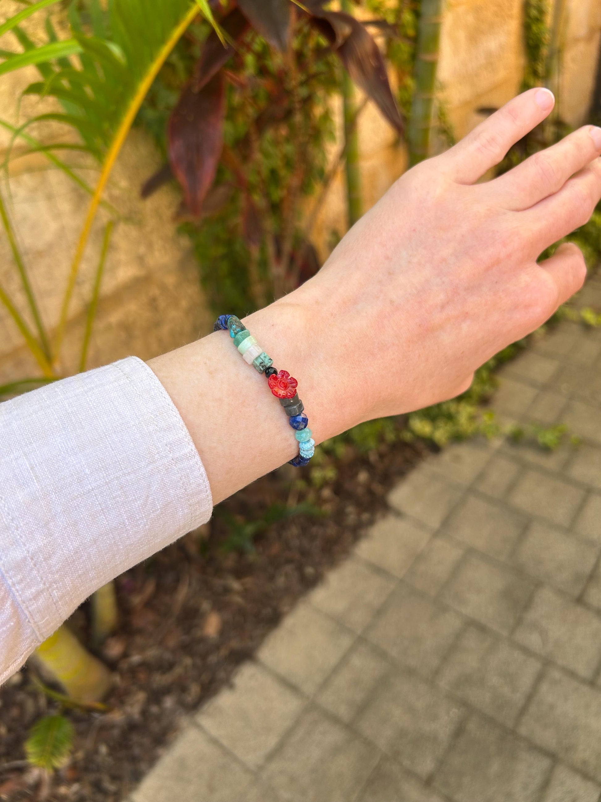 Natural Stone Boho Bracelet | Handmade Unisex Bangle with Gold Clasp