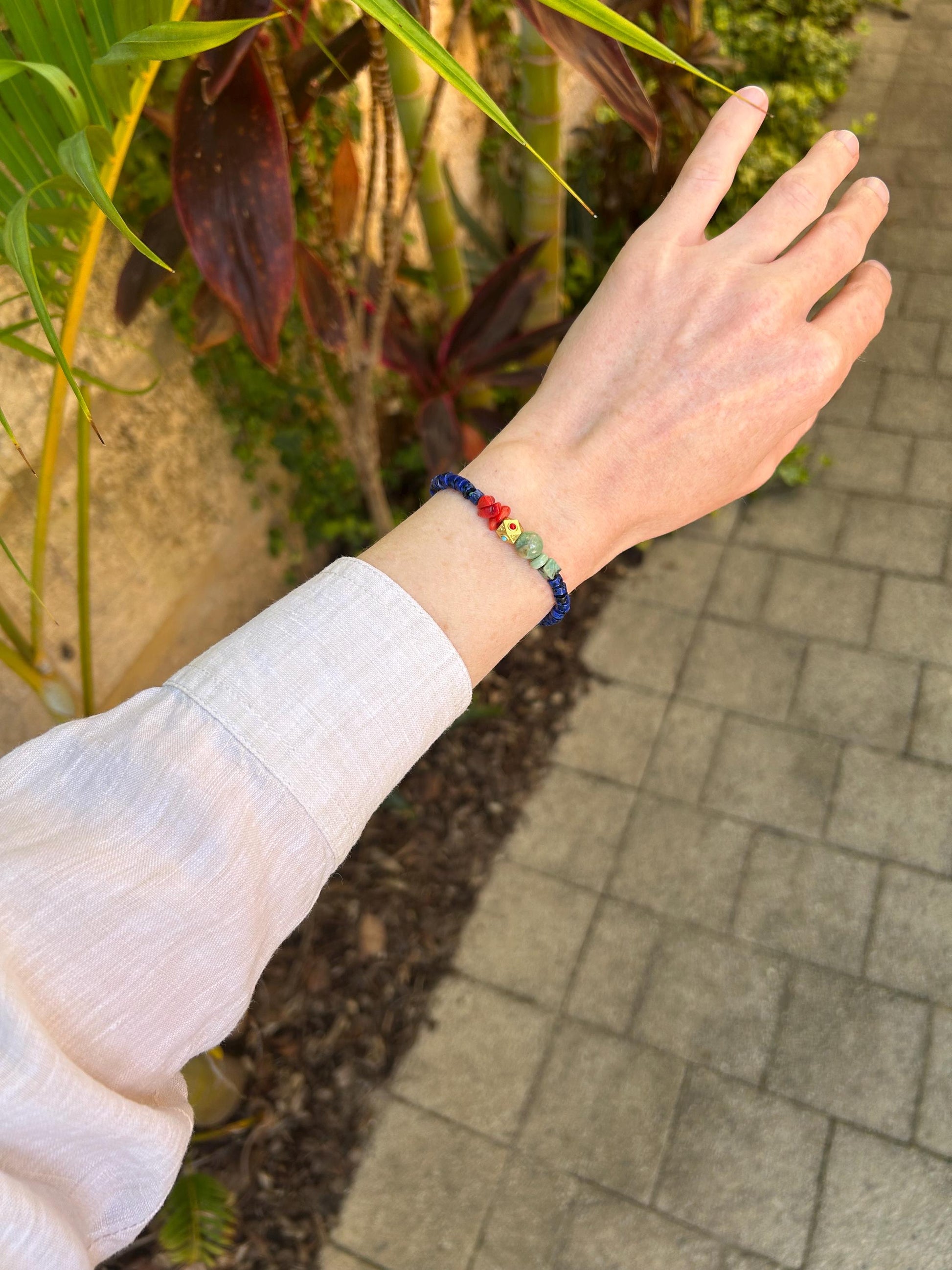 Boho Lapis Lazuli Bracelet: Turquoise & Red Coral, Hippie Chic Jewelry