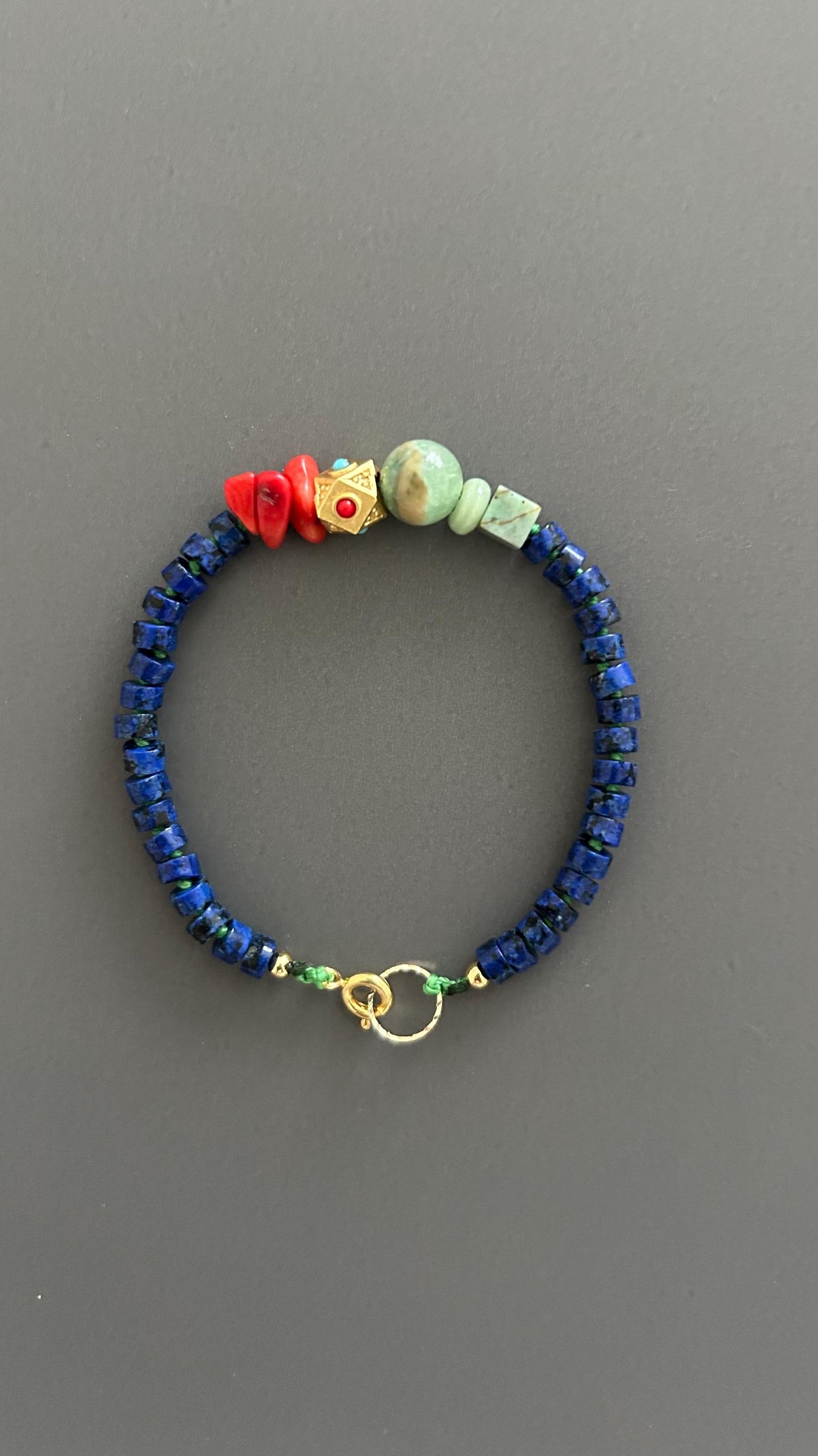 Boho Lapis Lazuli Bracelet: Turquoise & Red Coral, Hippie Chic Jewelry