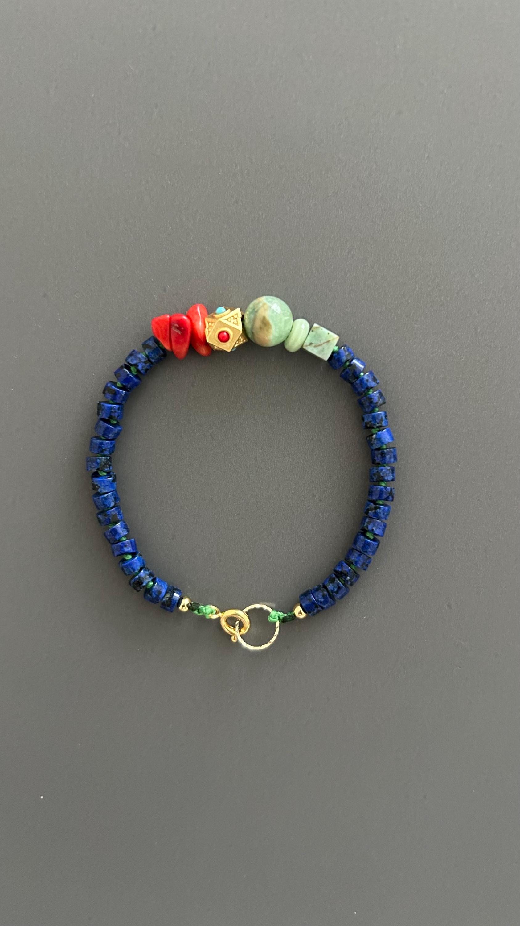 Boho Lapis Lazuli Bracelet: Turquoise & Red Coral, Hippie Chic Jewelry