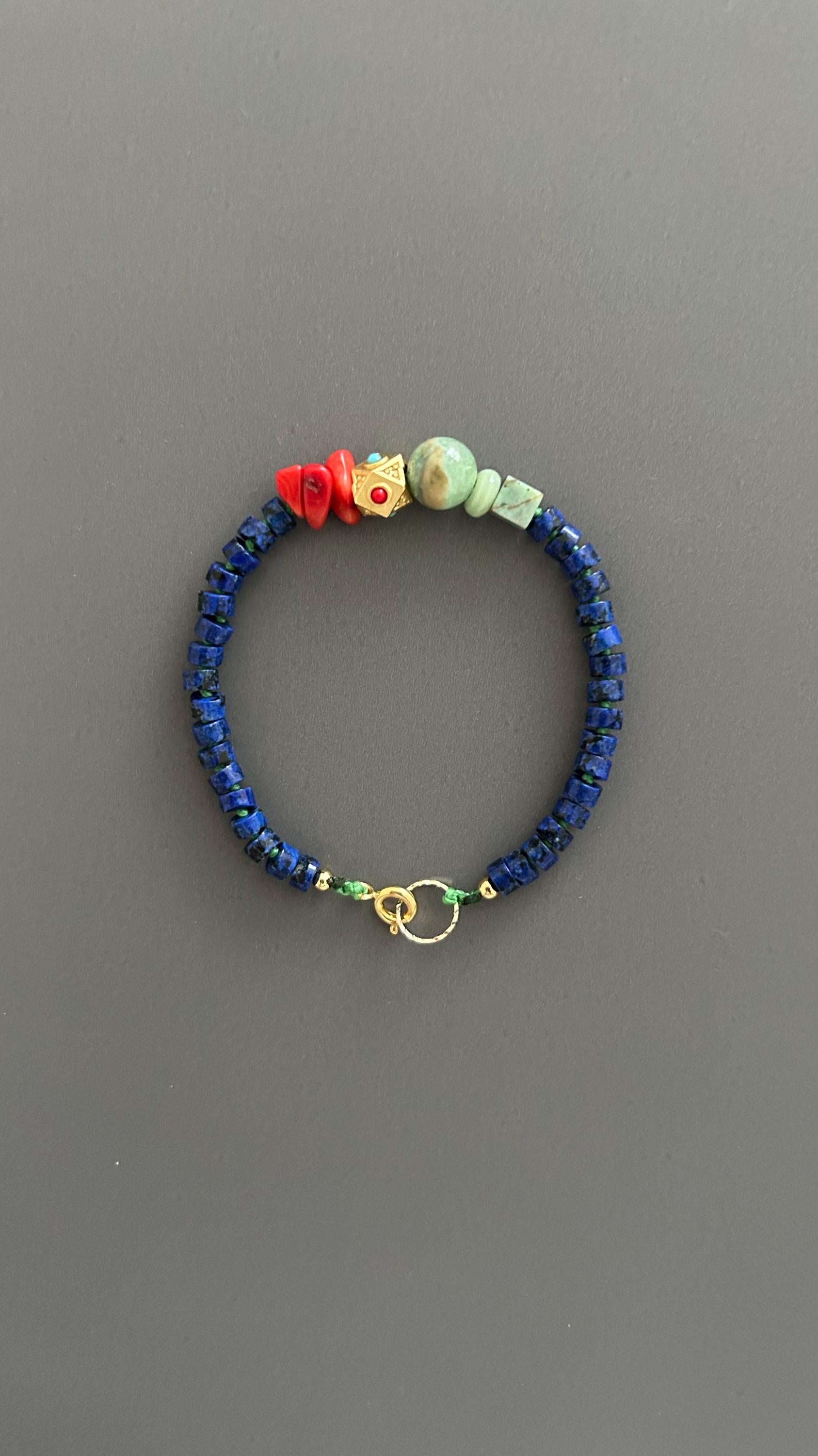 Boho Lapis Lazuli Bracelet: Turquoise & Red Coral, Hippie Chic Jewelry