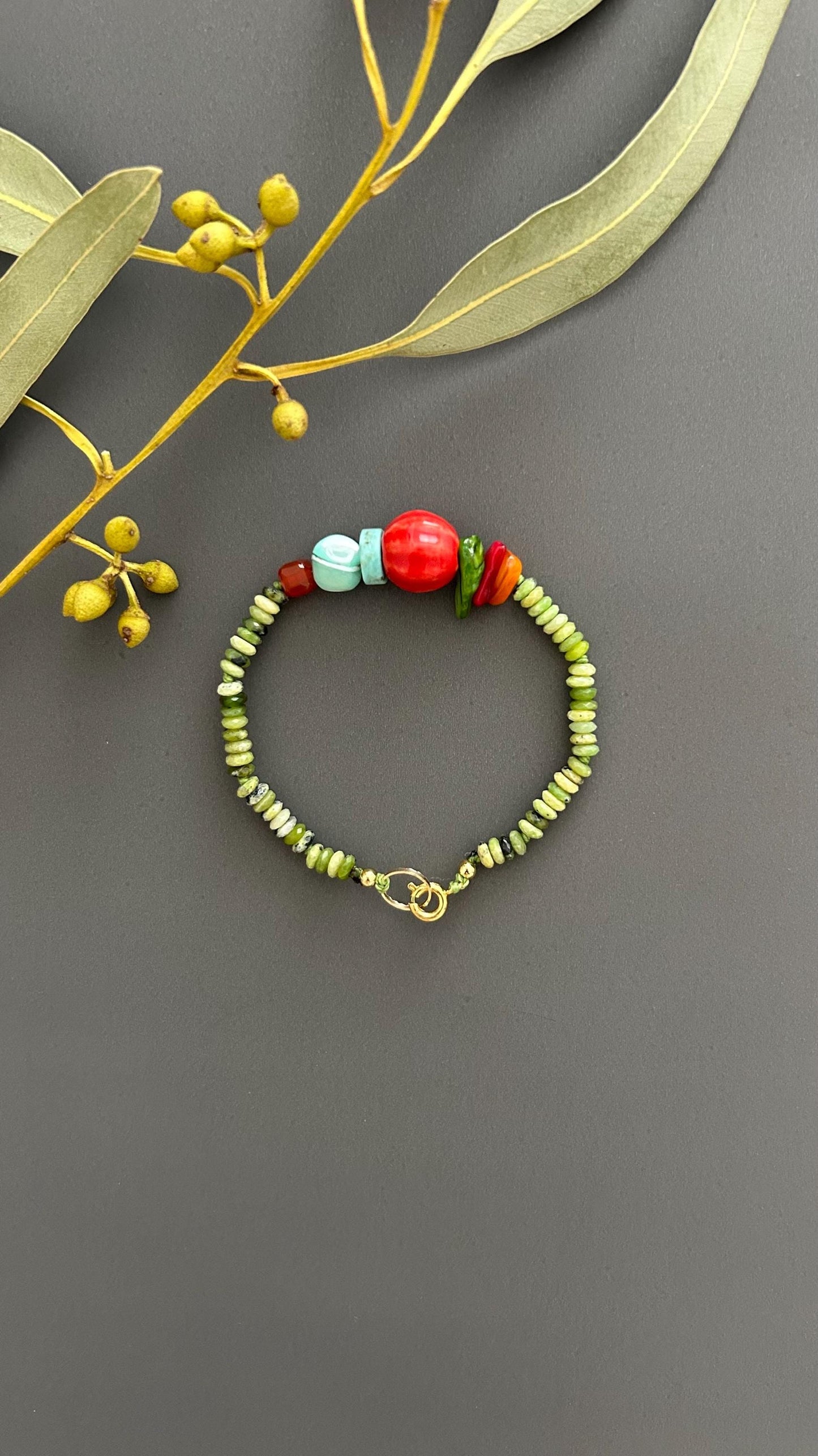 Green Antigorite & Ceramic Turquoise Bracelet: Boho Gemstone Jewelry
