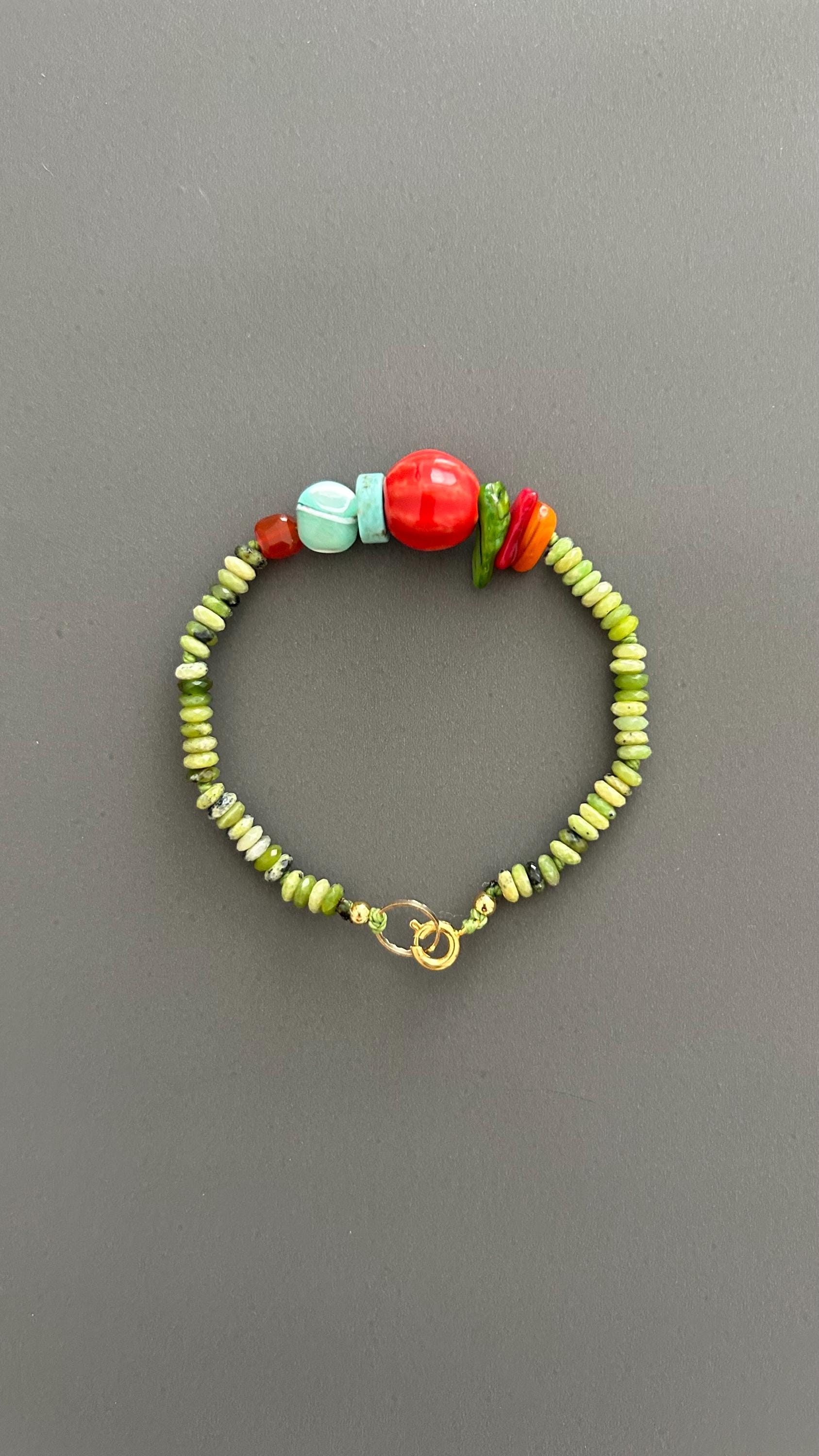 Green Antigorite & Ceramic Turquoise Bracelet: Boho Gemstone Jewelry