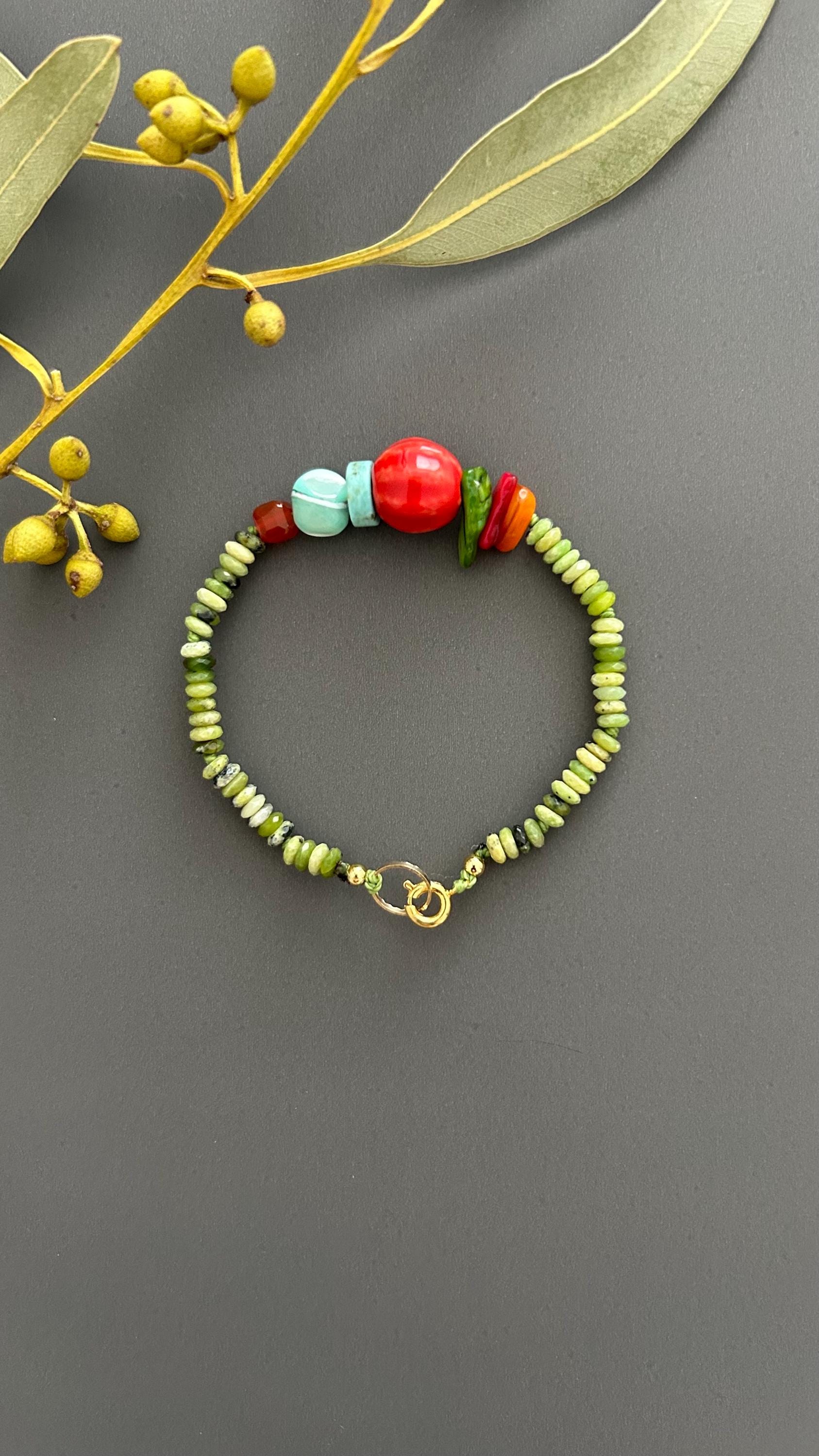 Green Antigorite & Ceramic Turquoise Bracelet: Boho Gemstone Jewelry