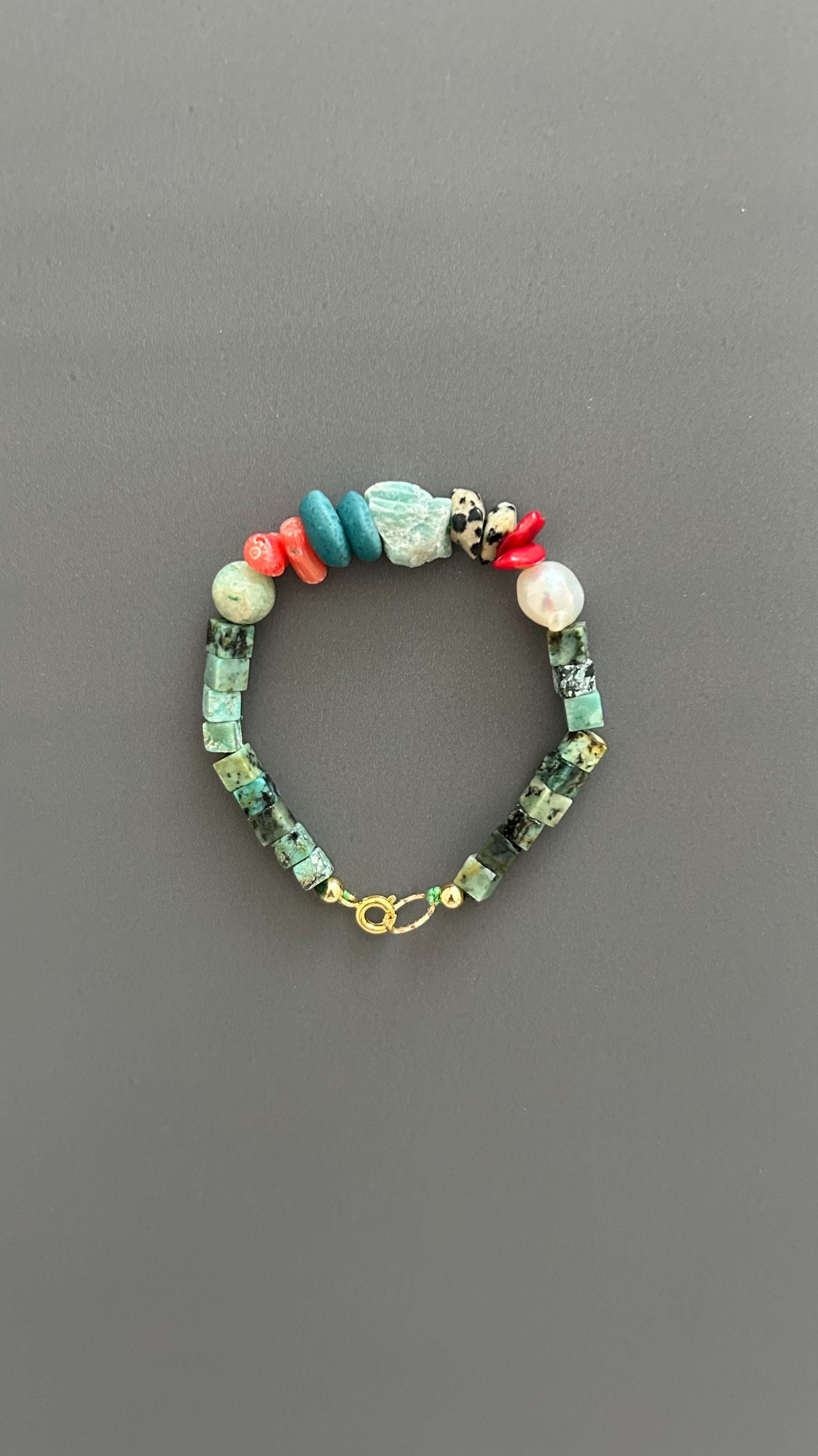 Turquoise & Natural Stone Bracelet: 24k Gold Clasp, Boho Gemstone Jewelry