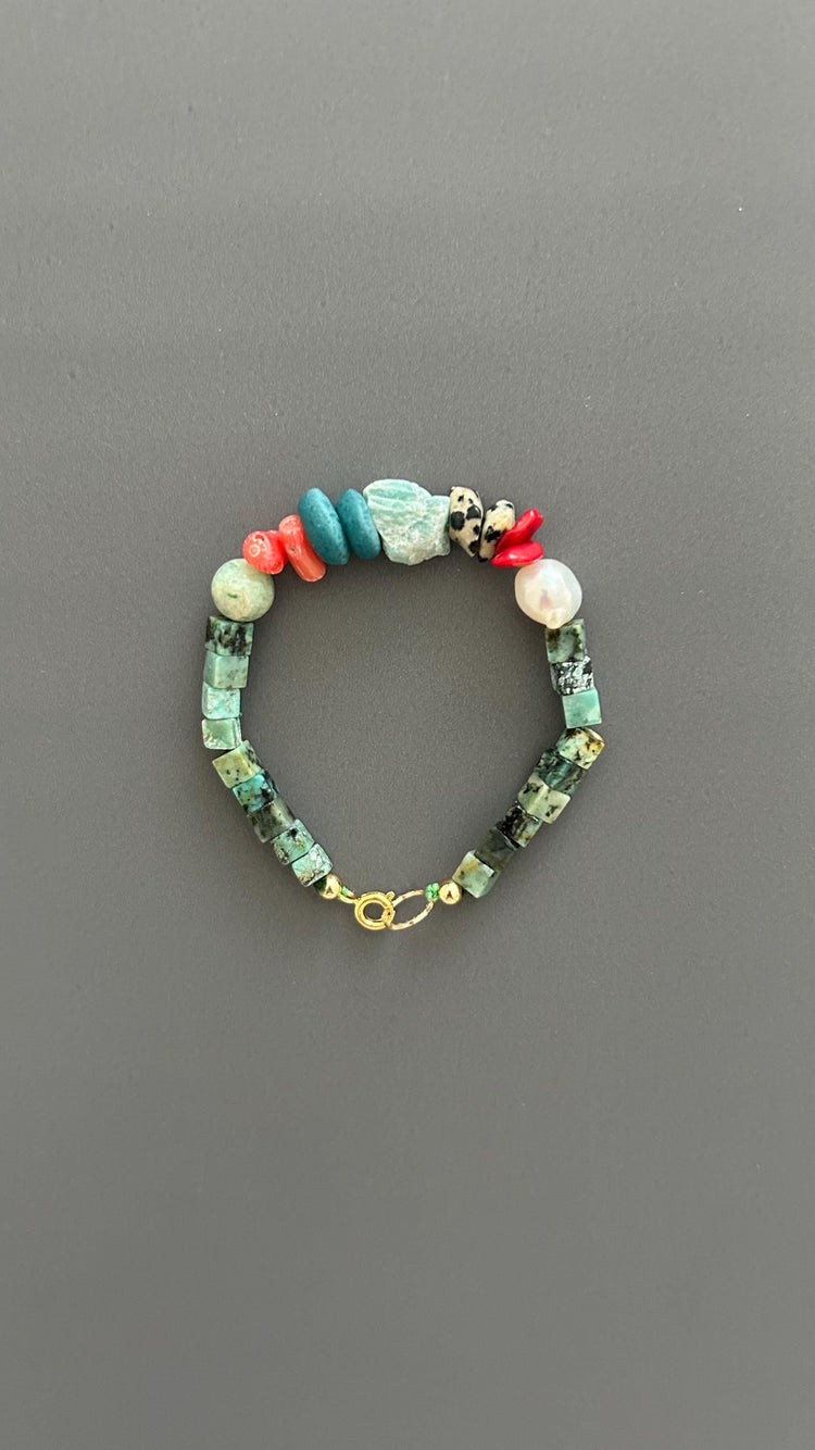 Turquoise & Natural Stone Bracelet: 24k Gold Clasp, Boho Gemstone Jewelry