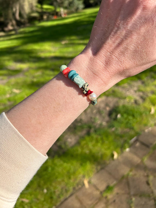 Turquoise & Natural Stone Bracelet: 24k Gold Clasp, Boho Gemstone Jewelry