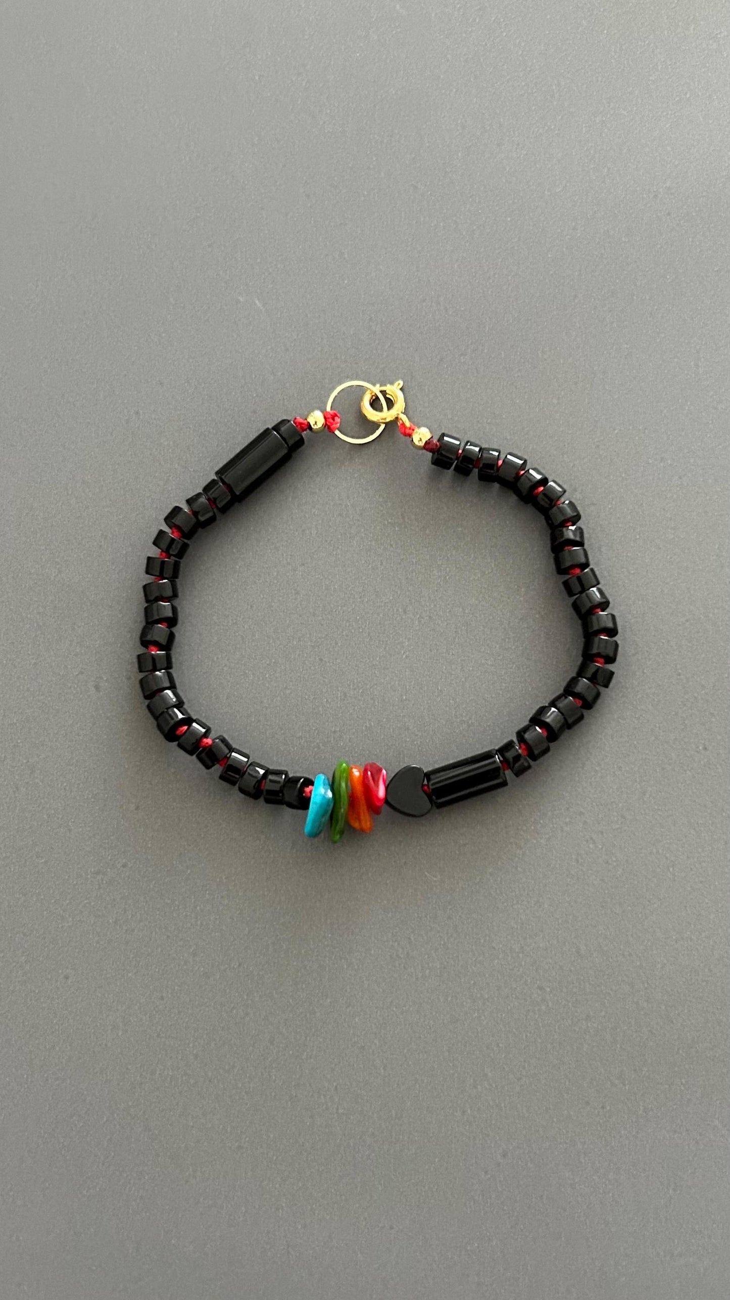 Black Agate Grounding Bracelet | Heart Charm Adjustable Stackable | Dark Academia Protection Jewelry
