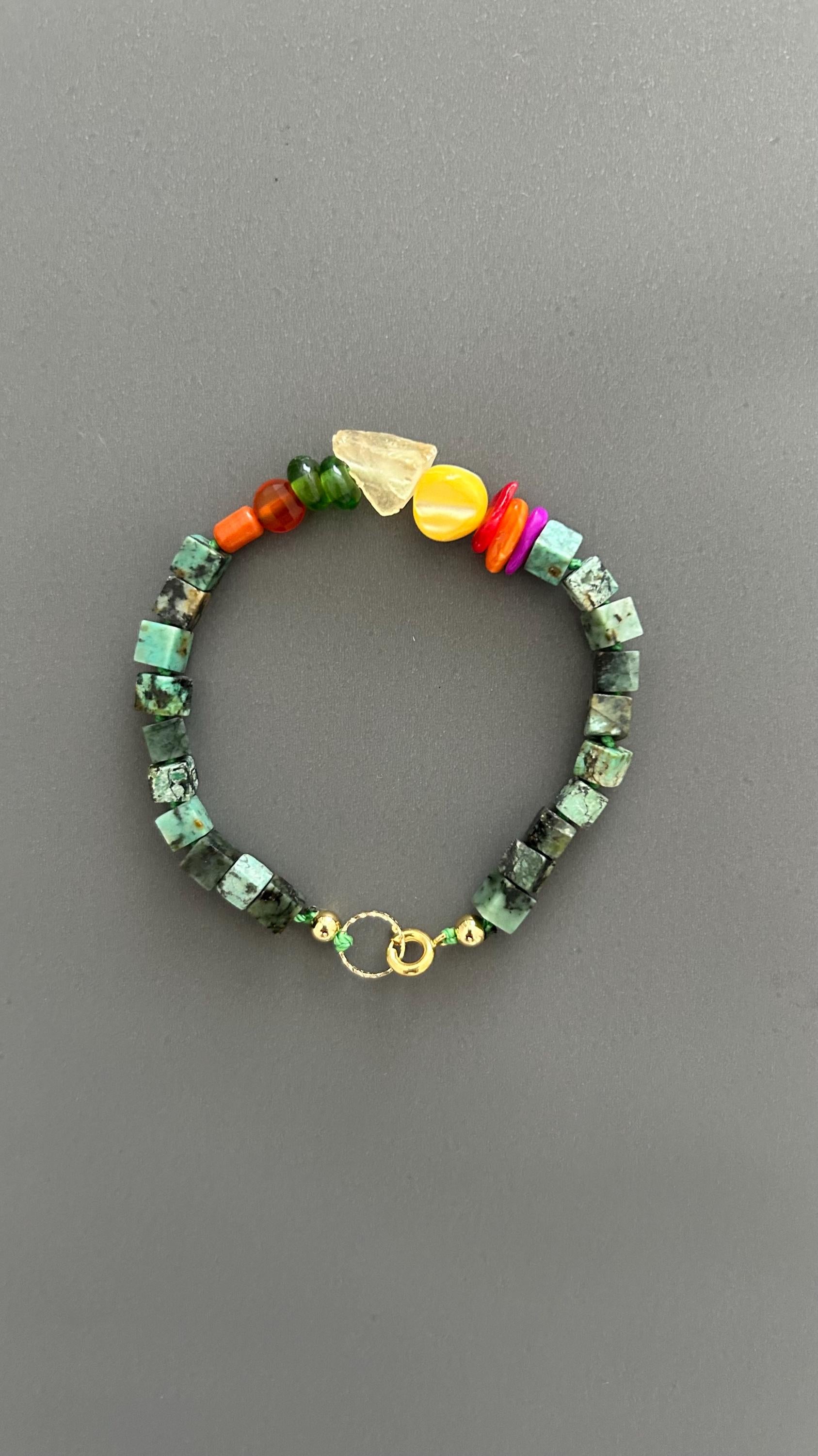 Turquoise & Raw Quartz Bracelet - Healing Crystal Adjustable Gemstone Bead with Shell Coral Handmade Spiritual Jewelry