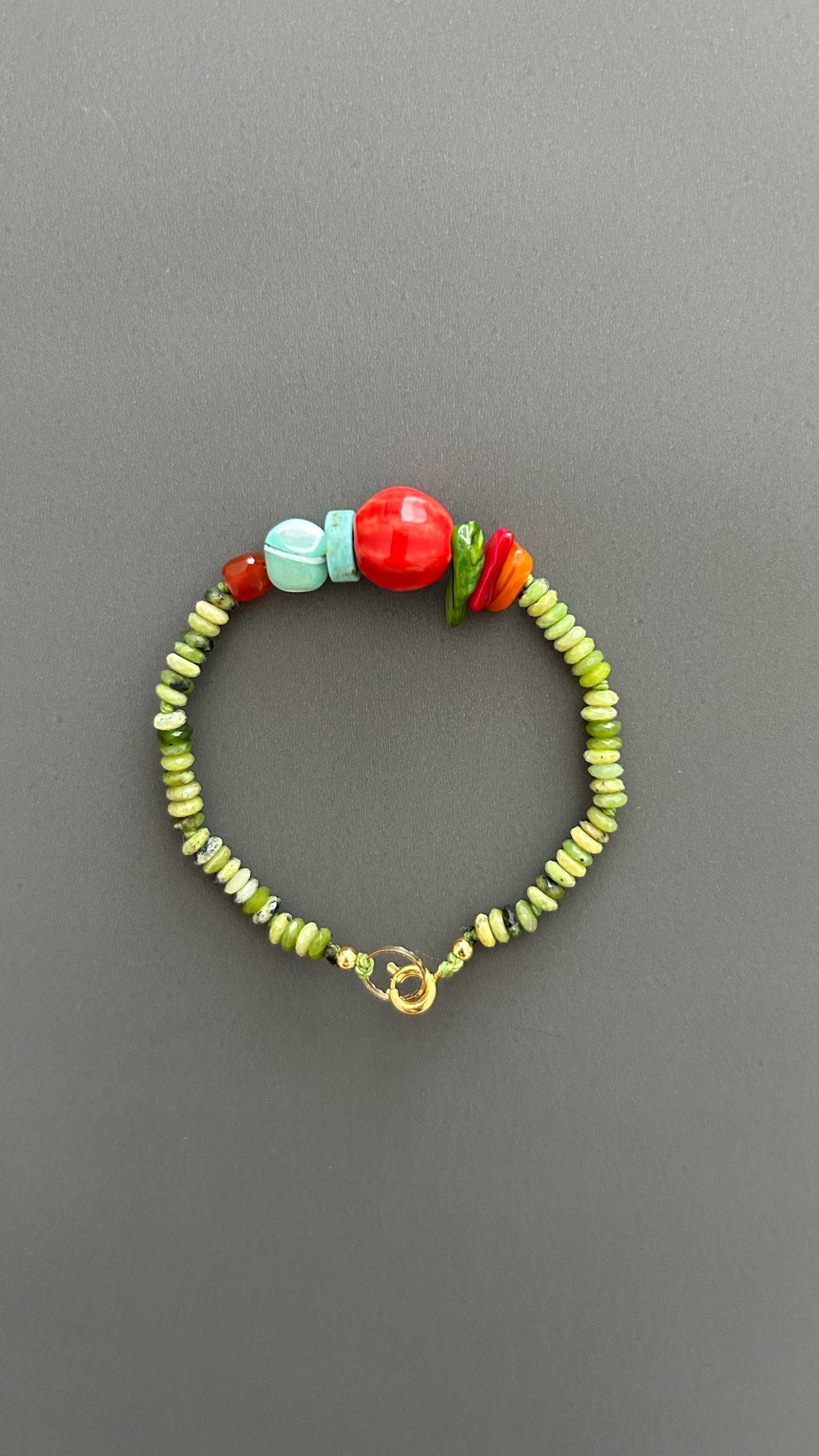 Green Antigorite & Ceramic Turquoise Bracelet: Boho Gemstone Jewelry