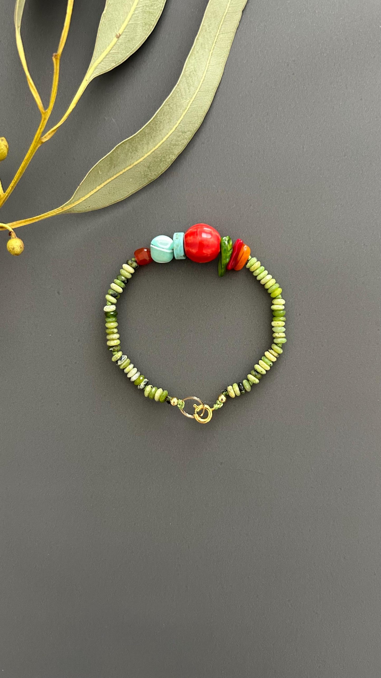 Green Antigorite & Ceramic Turquoise Bracelet: Boho Gemstone Jewelry