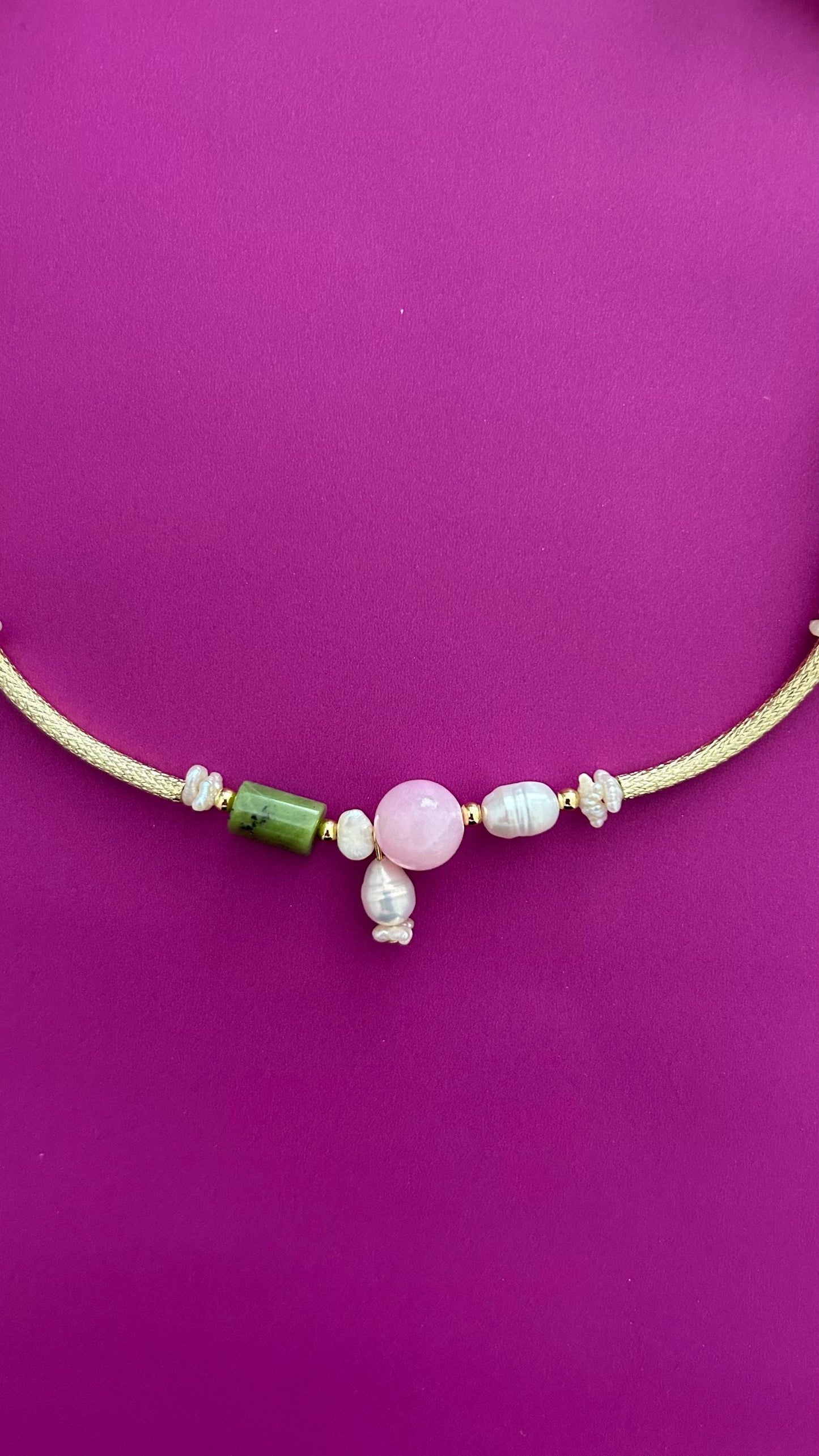 Handmade Green Jade Rose Quartz Pearl Necklace | Gold Chain