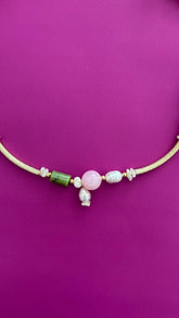 Handmade Green Jade Rose Quartz Pearl Necklace | Gold Chain
