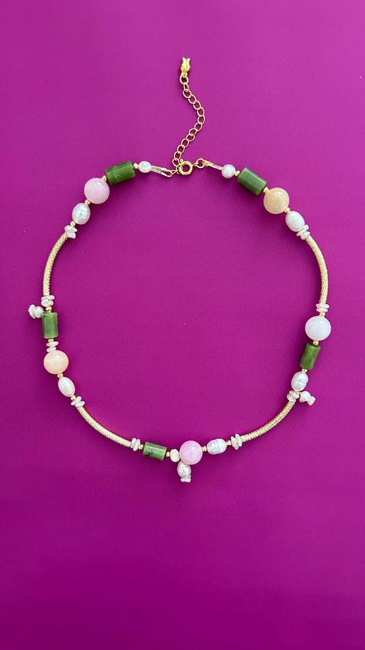 Handmade Green Jade Rose Quartz Pearl Necklace | Gold Chain
