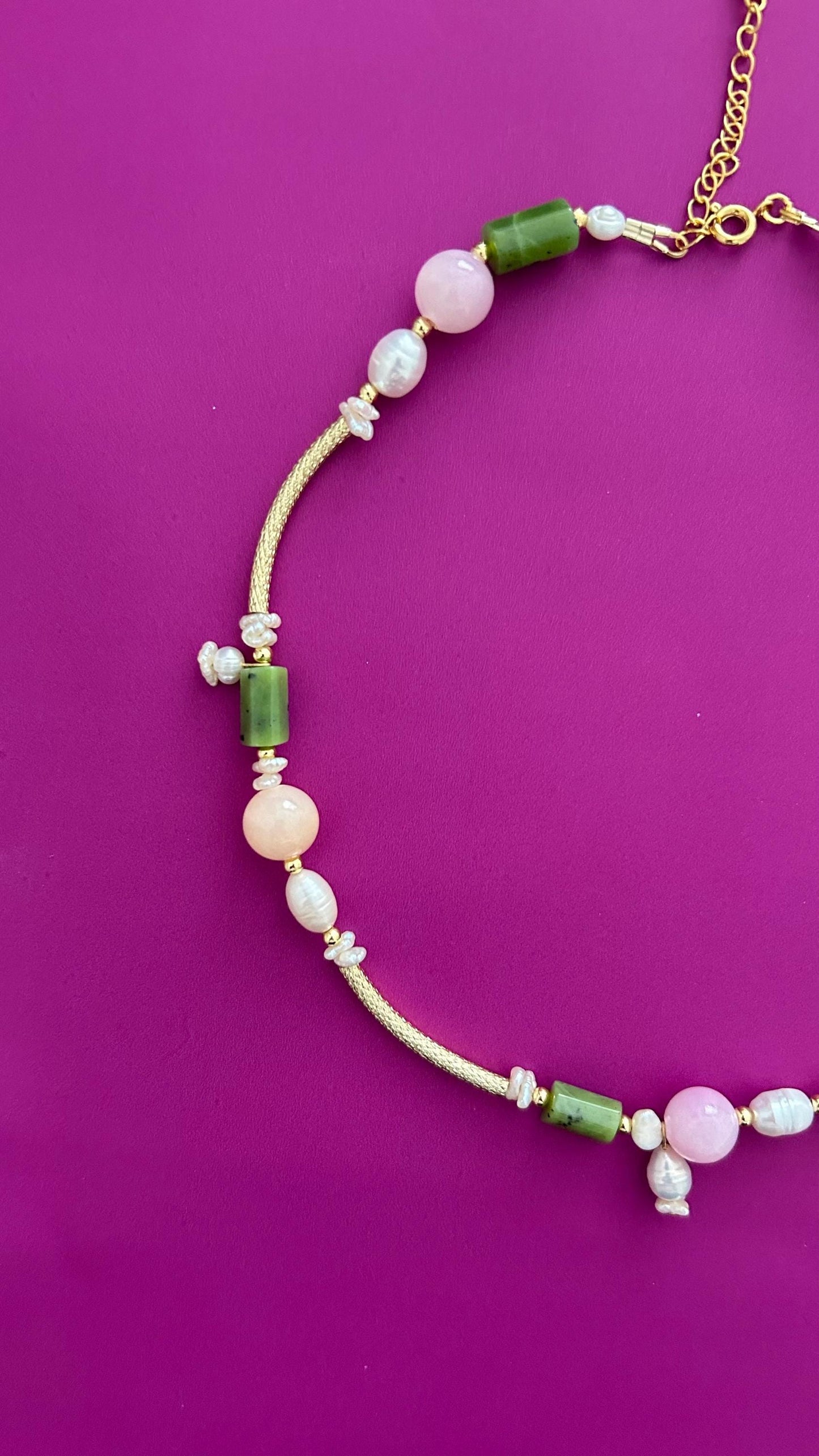 Handmade Green Jade Rose Quartz Pearl Necklace | Gold Chain