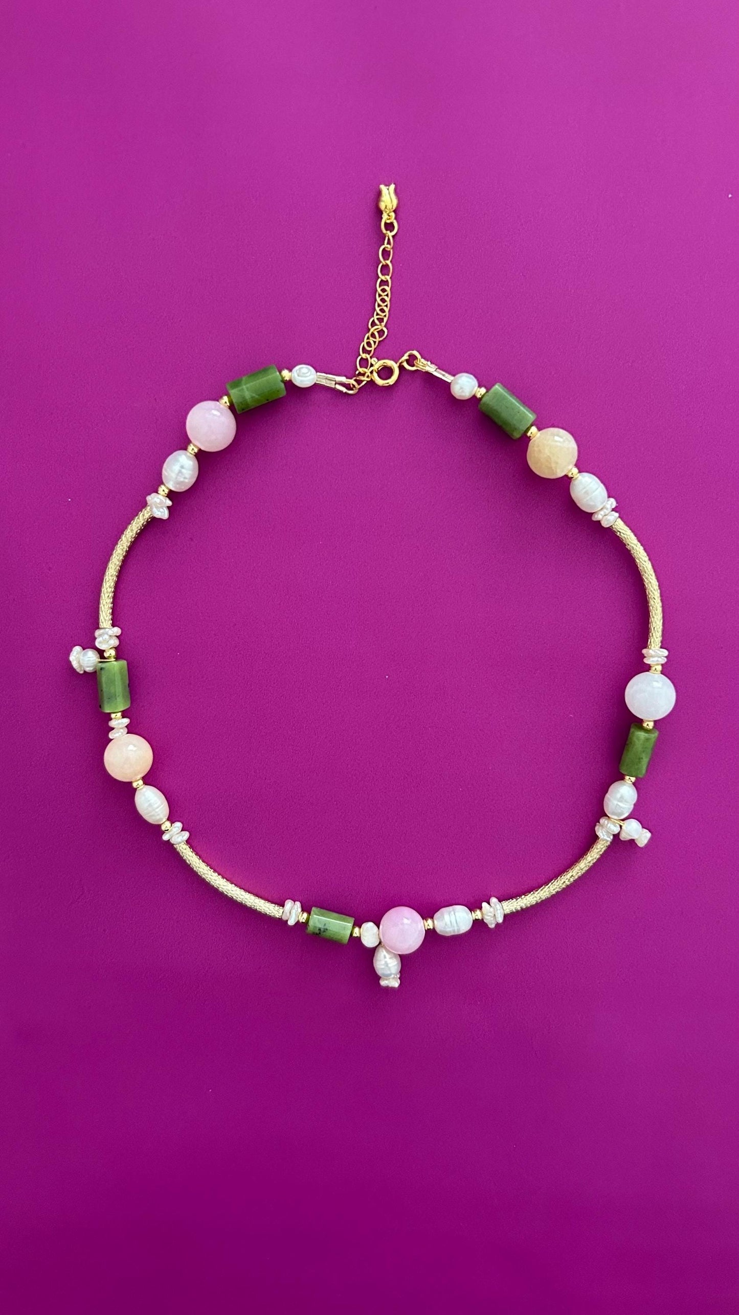 Handmade Green Jade Rose Quartz Pearl Necklace | Gold Chain
