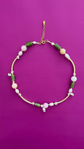 Handmade Green Jade Rose Quartz Pearl Necklace | Gold Chain