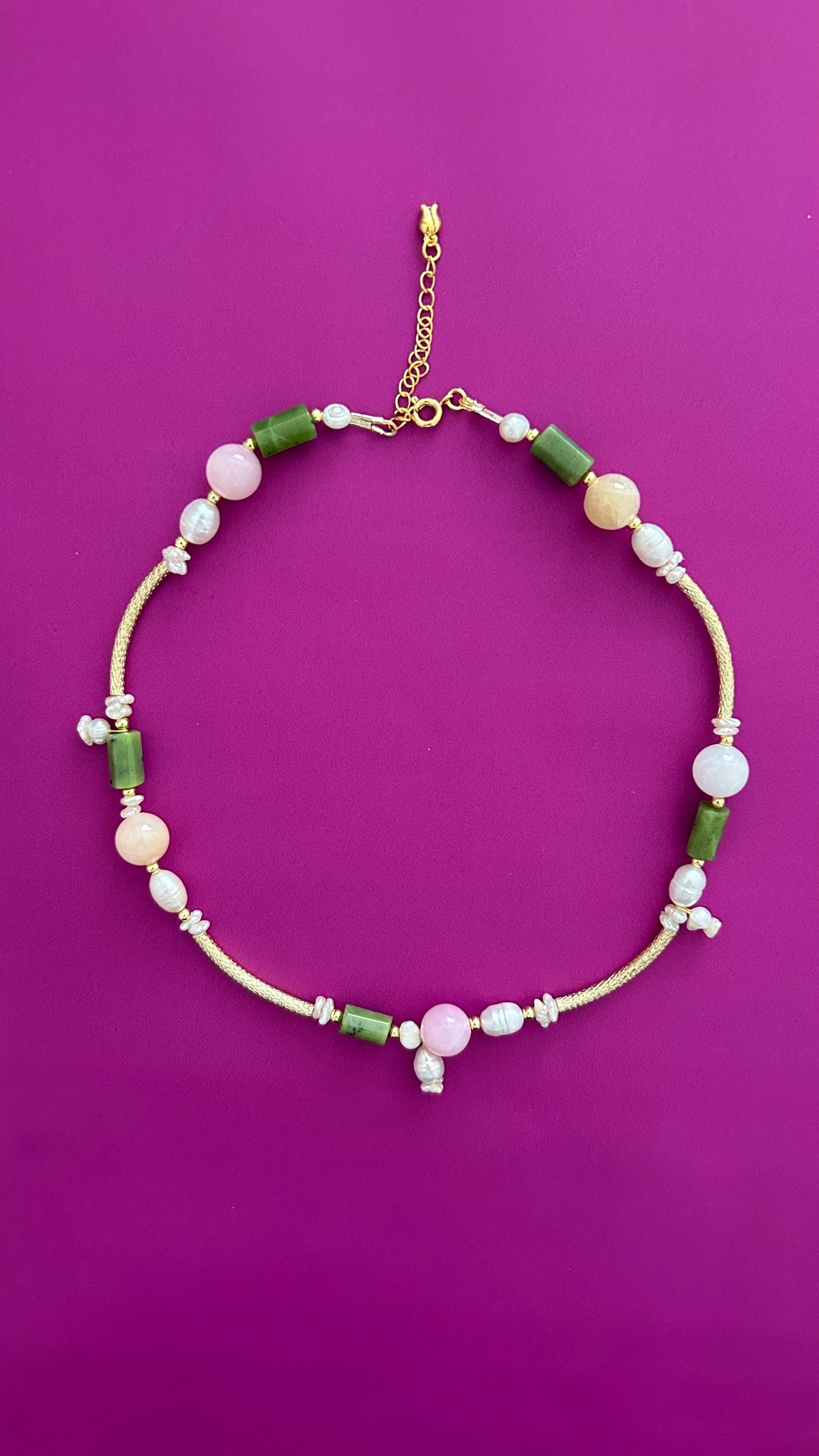 Handmade Green Jade Rose Quartz Pearl Necklace | Gold Chain