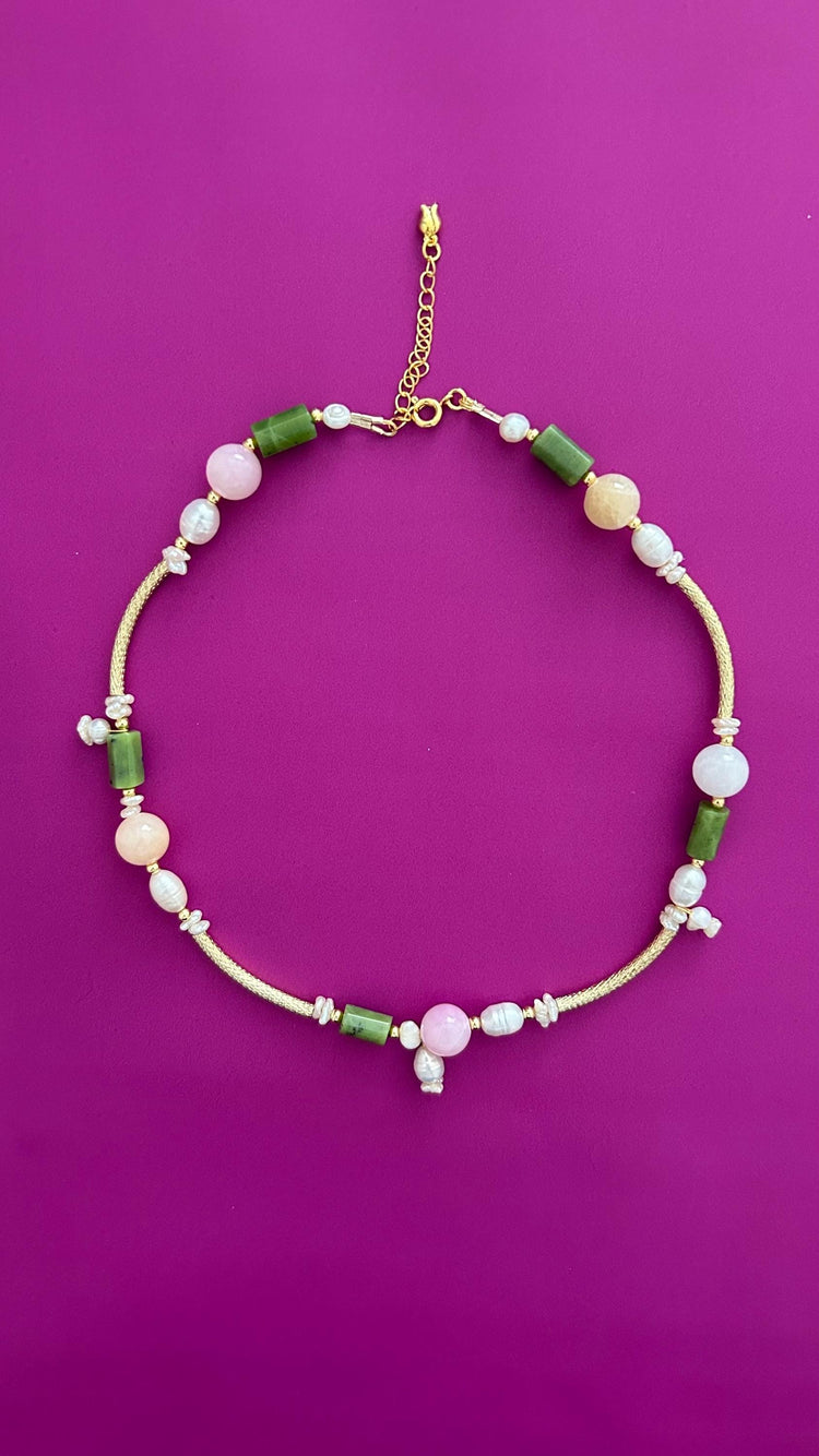 Handmade Green Jade Rose Quartz Pearl Necklace | Gold Chain
