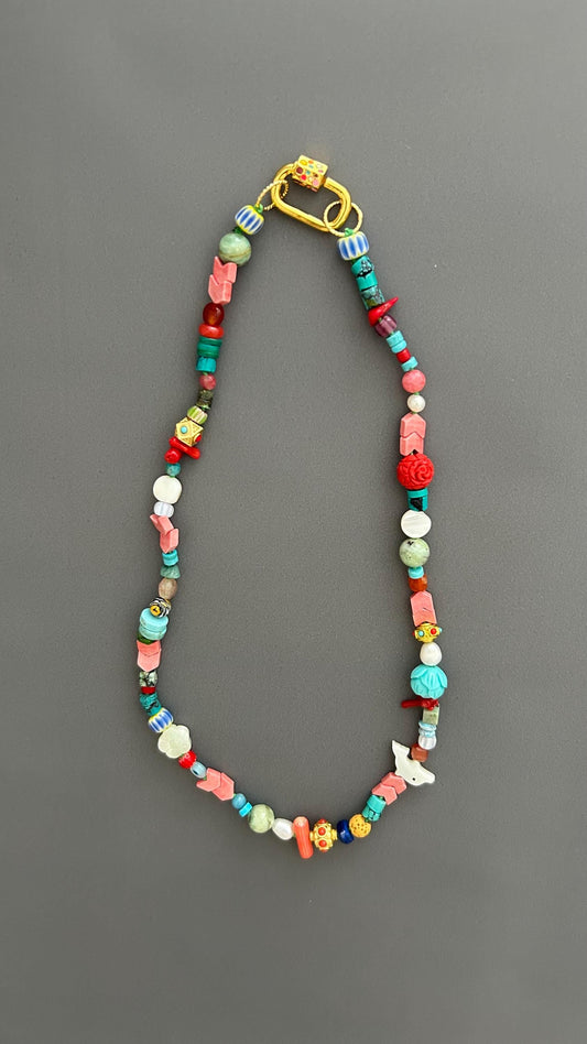 Handmade Boho Beaded Necklace | Eclectic Gemstone, Ceramic & Glass | Colorful Layering Statement | Artisan Gift for Her, Festival Jewelry