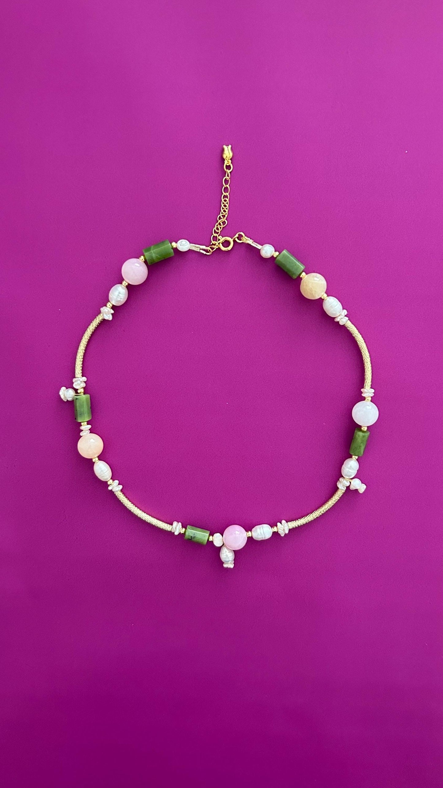 Handmade Green Jade Rose Quartz Pearl Necklace | Gold Chain