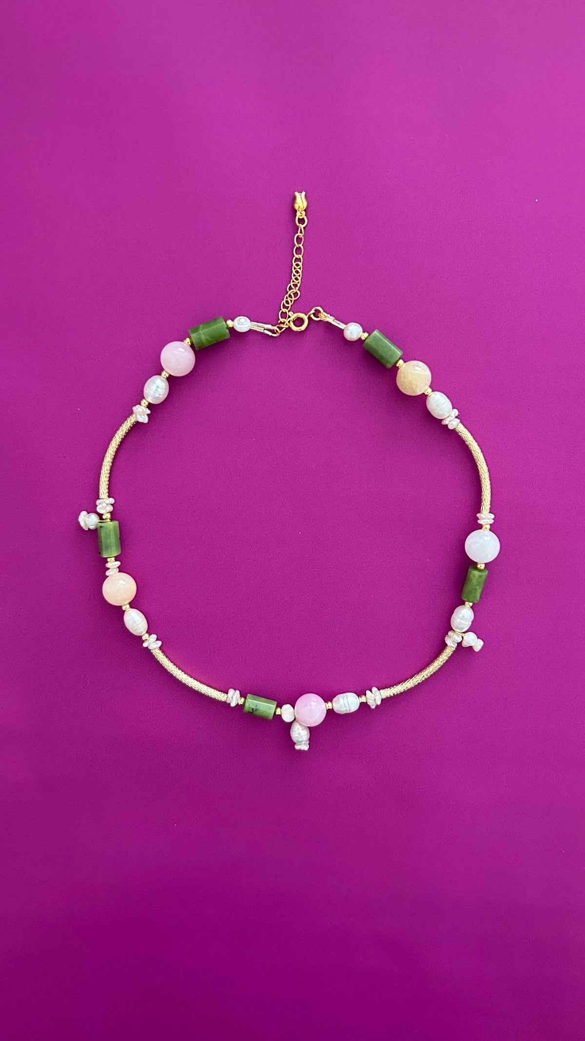 Handmade Green Jade Rose Quartz Pearl Necklace | Gold Chain