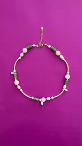 Handmade Green Jade Rose Quartz Pearl Necklace | Gold Chain