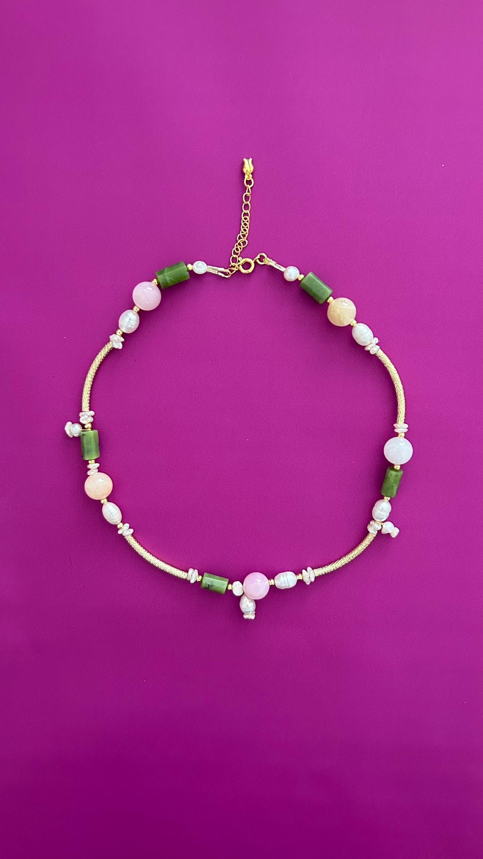 Handmade Green Jade Rose Quartz Pearl Necklace | Gold Chain