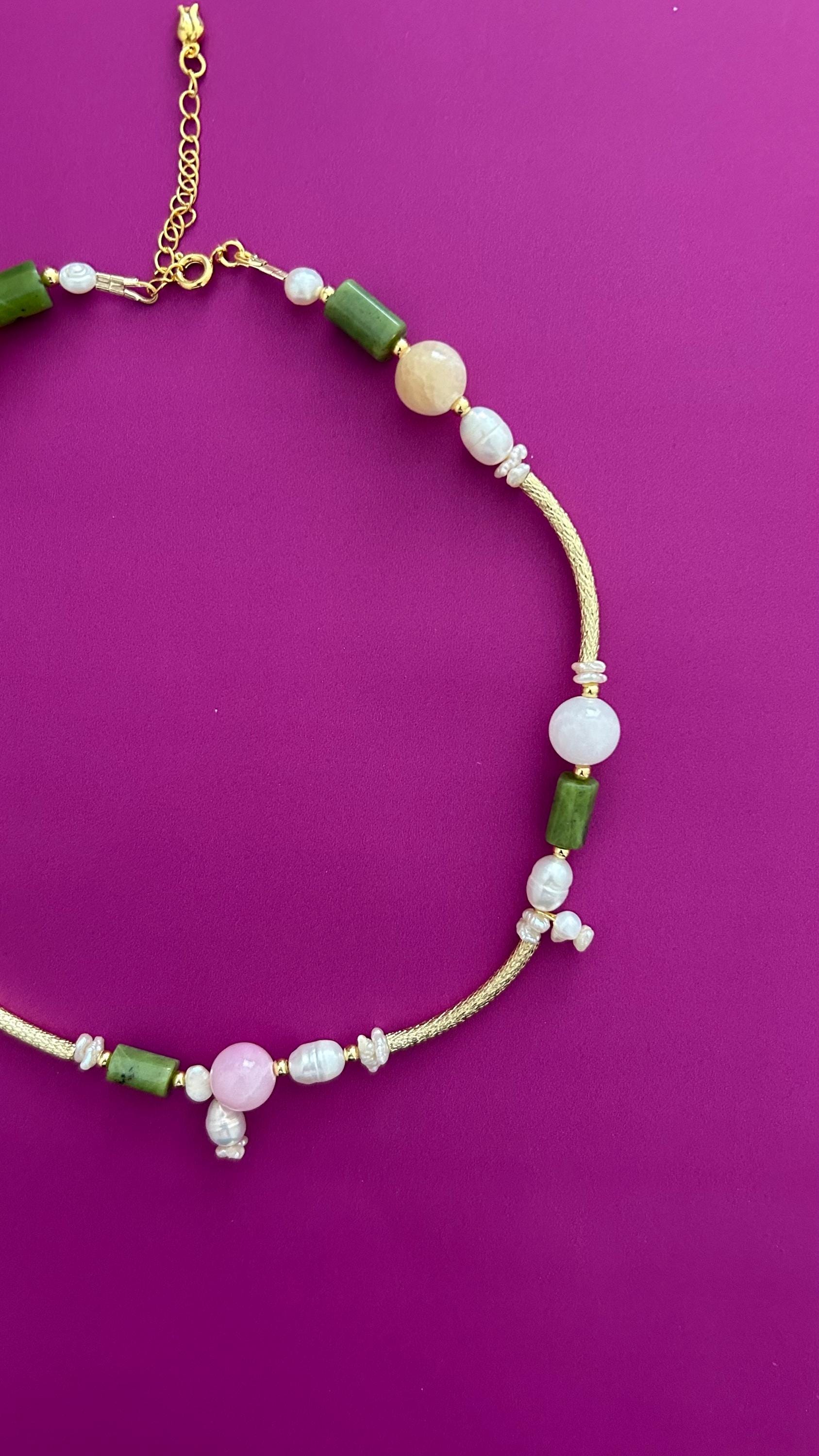 Handmade Green Jade Rose Quartz Pearl Necklace | Gold Chain