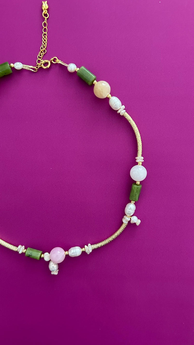 Handmade Green Jade Rose Quartz Pearl Necklace | Gold Chain