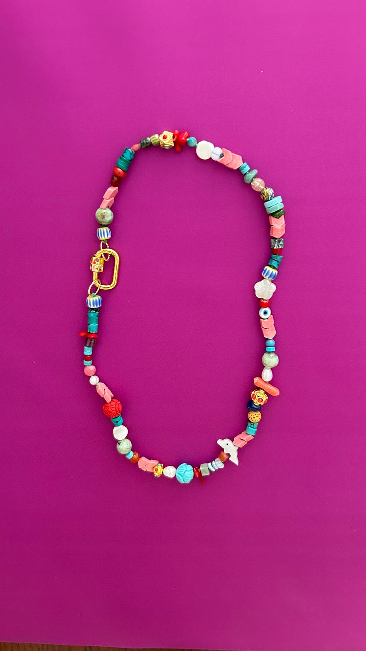 Handmade Boho Beaded Necklace | Eclectic Gemstone, Ceramic & Glass | Colorful Layering Statement | Artisan Gift for Her, Festival Jewelry