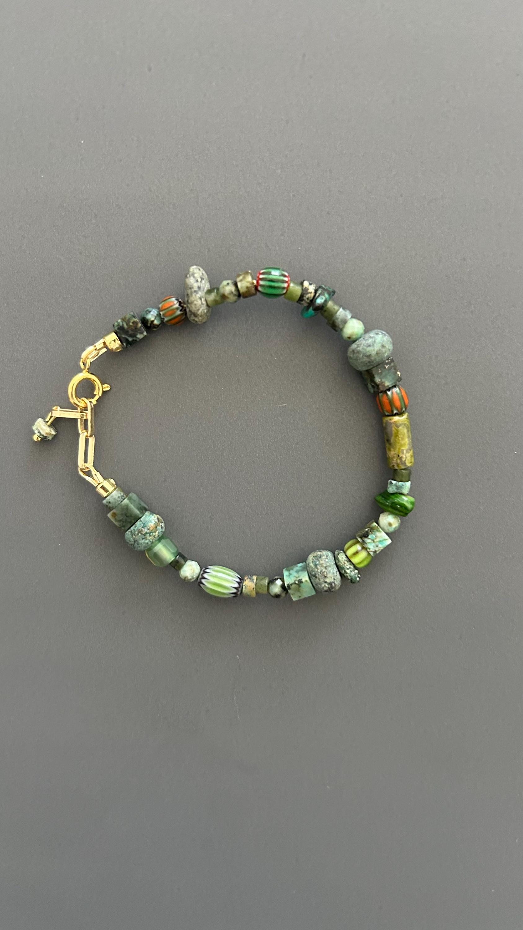 Green Beaded Bracelet | Handmade Earth Tone Gemstone & Glass Bangle with Gold Clasp