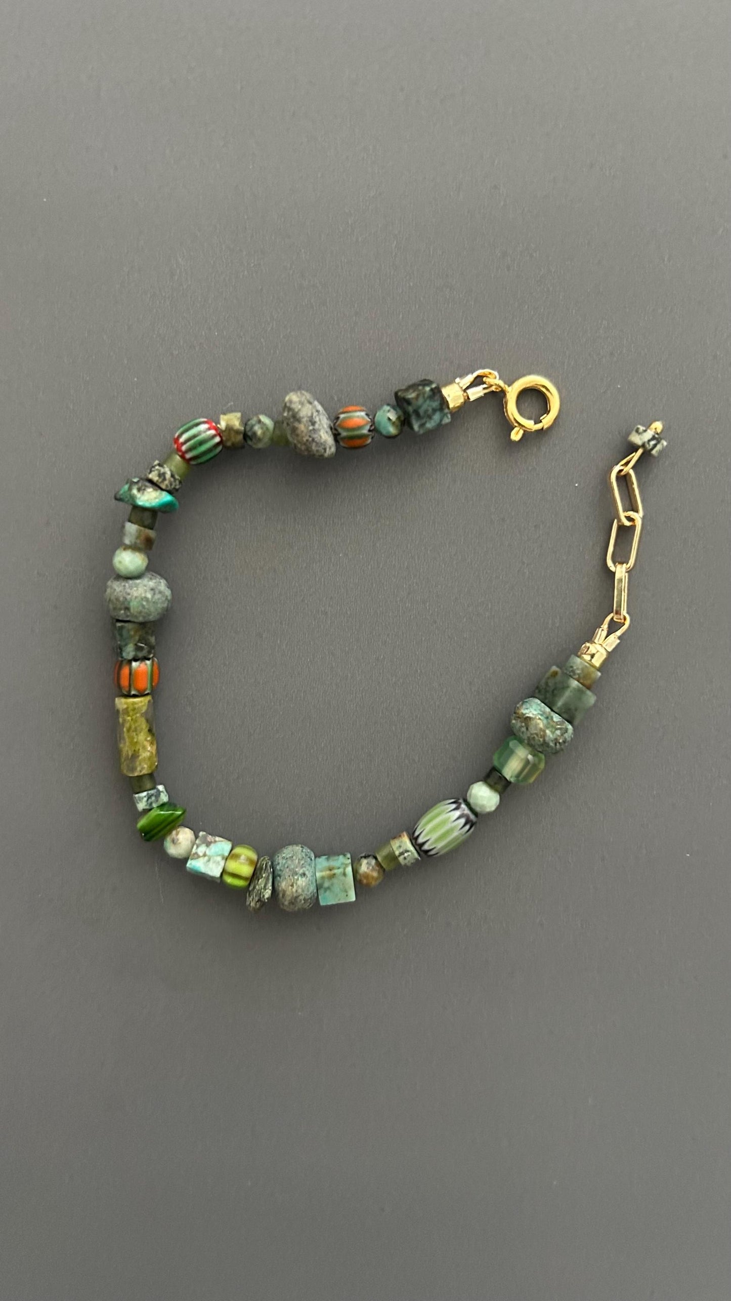 Green Beaded Bracelet | Handmade Earth Tone Gemstone & Glass Bangle with Gold Clasp