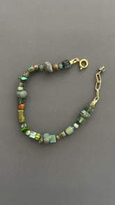Green Beaded Bracelet | Handmade Earth Tone Gemstone & Glass Bangle with Gold Clasp