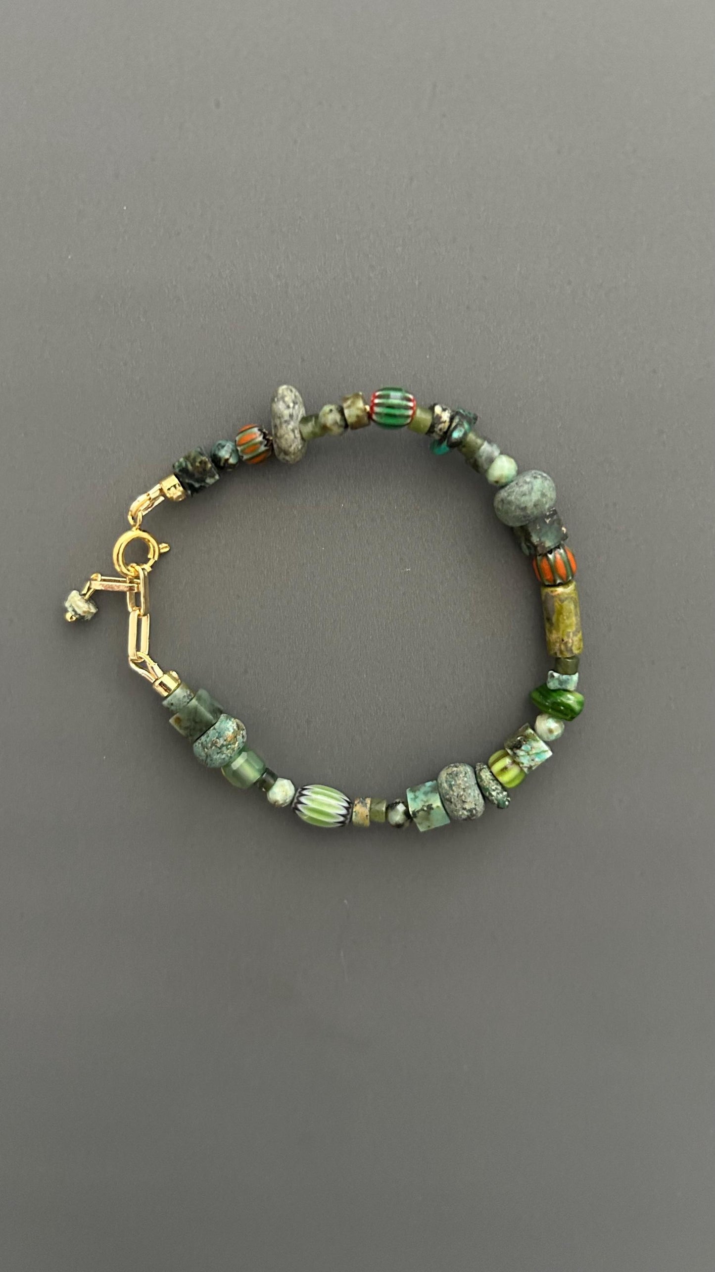 Green Beaded Bracelet | Handmade Earth Tone Gemstone & Glass Bangle with Gold Clasp