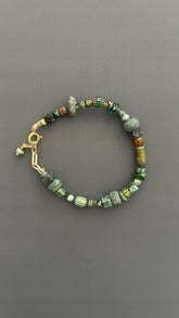 Green Beaded Bracelet | Handmade Earth Tone Gemstone & Glass Bangle with Gold Clasp